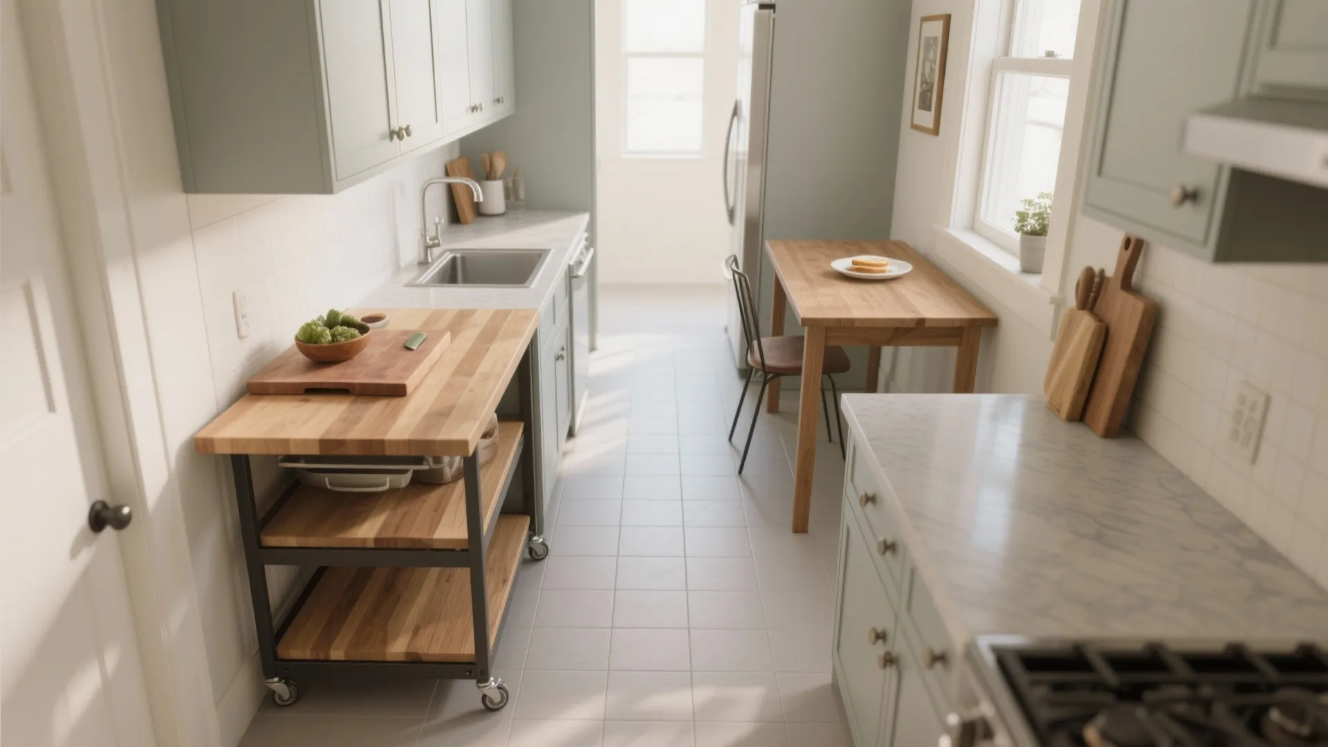 Modern kitchen with green cabinets wooden rolling island small dining table and white floor tiles