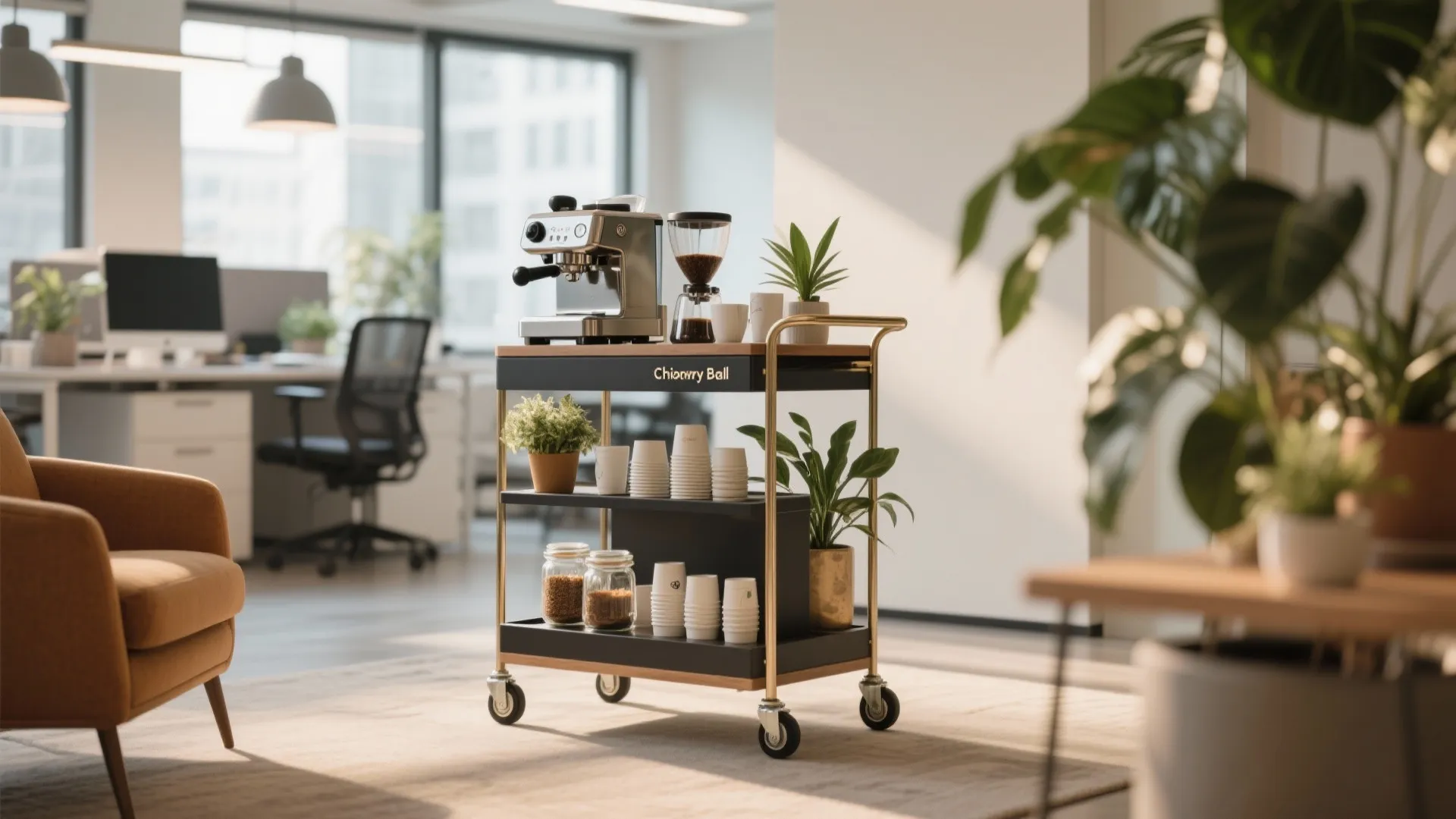Black mobile coffee cart with wheels holding espresso machine, white cups, glass jars, and plants