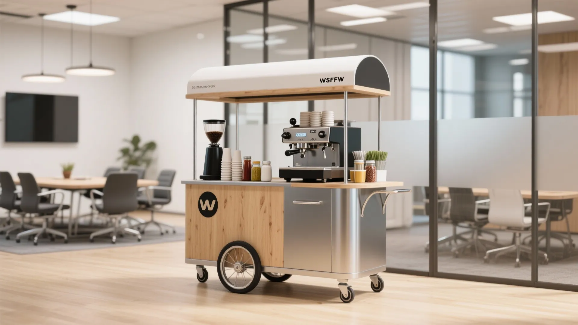 Mobile coffee cart with wheels, wood panels, espresso machine, and supplies in a modern office