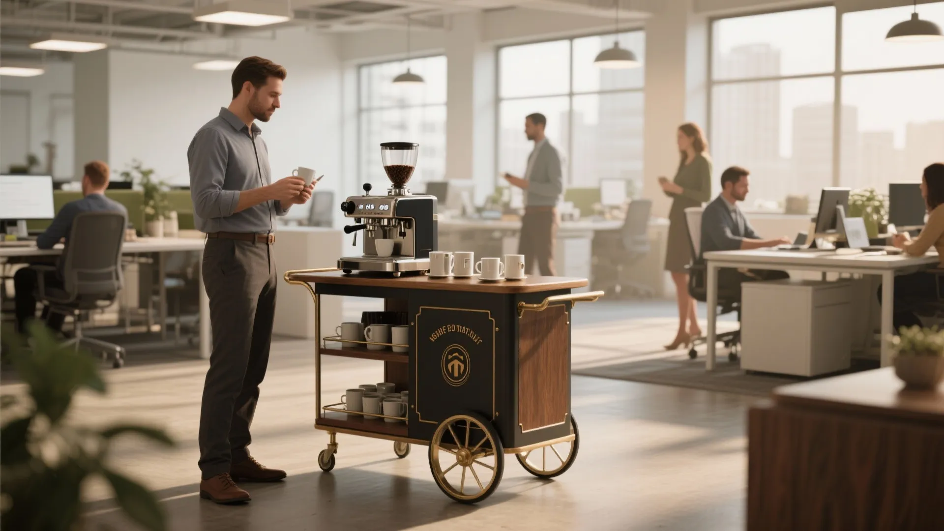 Mobile coffee cart with espresso machine and white mugs in a bright modern open office space