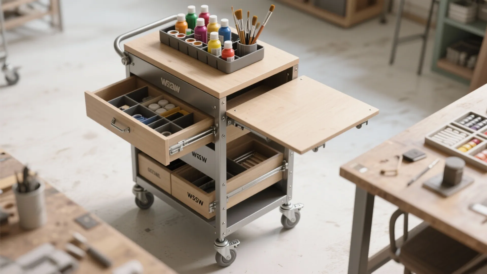 Grey rolling craft cart with wooden top open drawers holding paints brushes and art supplies