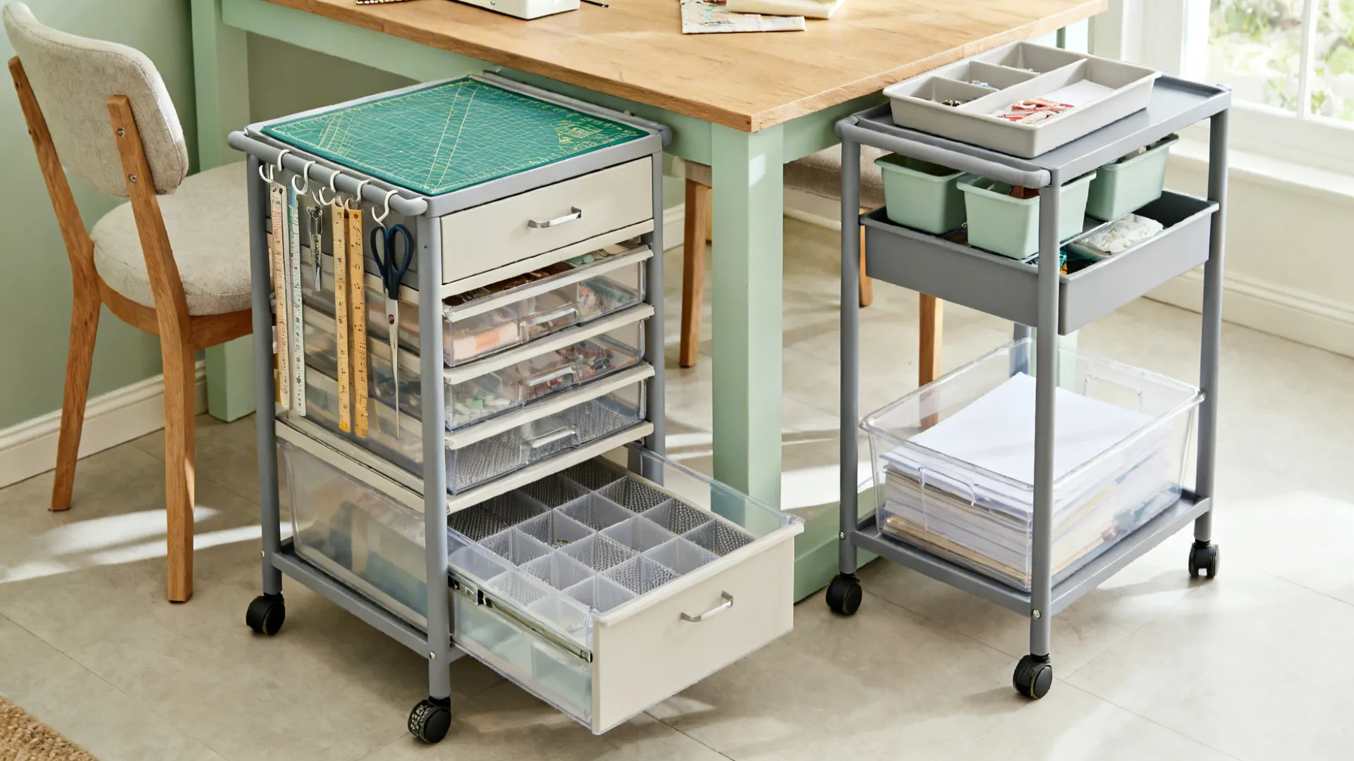Two slim rolling craft carts with mats, drawers, and side hooks parked near a dining table.