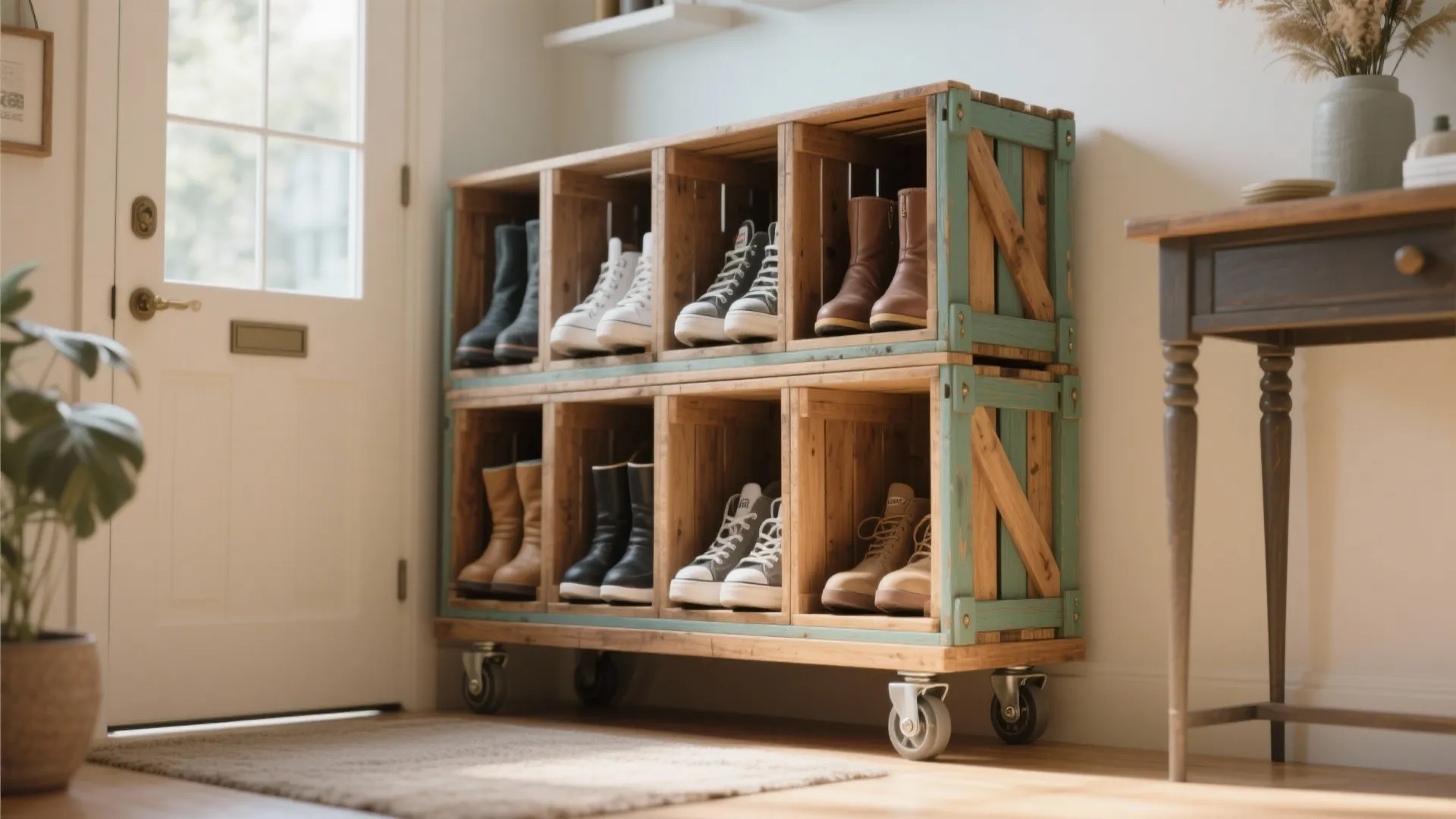 Wooden crate shoe rack on wheels holding various boots and sneakers near a white door