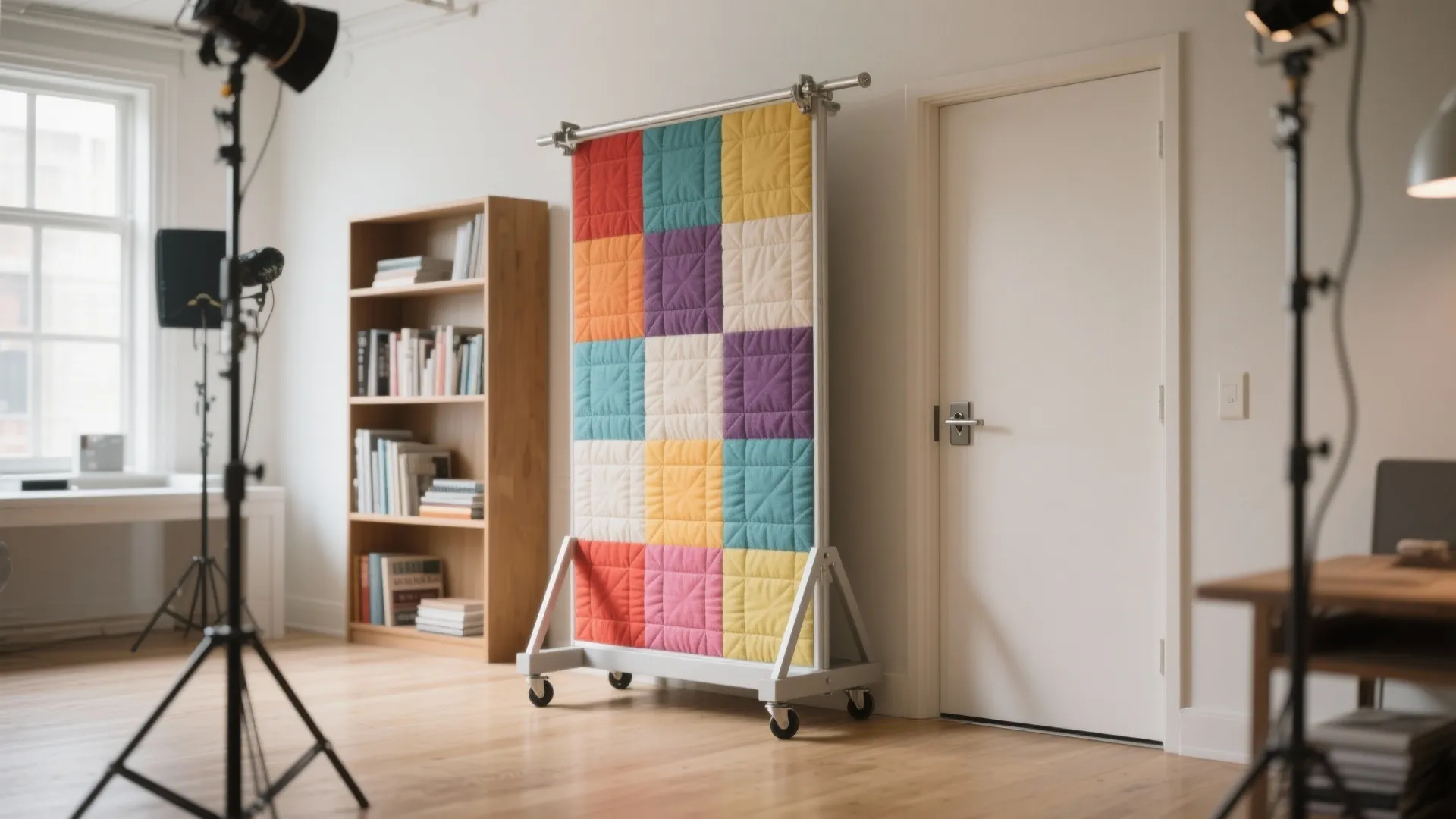 Colorful square wall panel on a rolling stand inside a room with bookshelves and lights