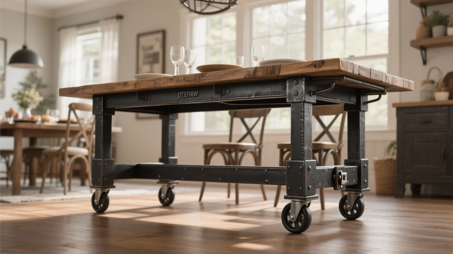 Industrial style wooden dining table with heavy black metal legs and wheels in a bright room
