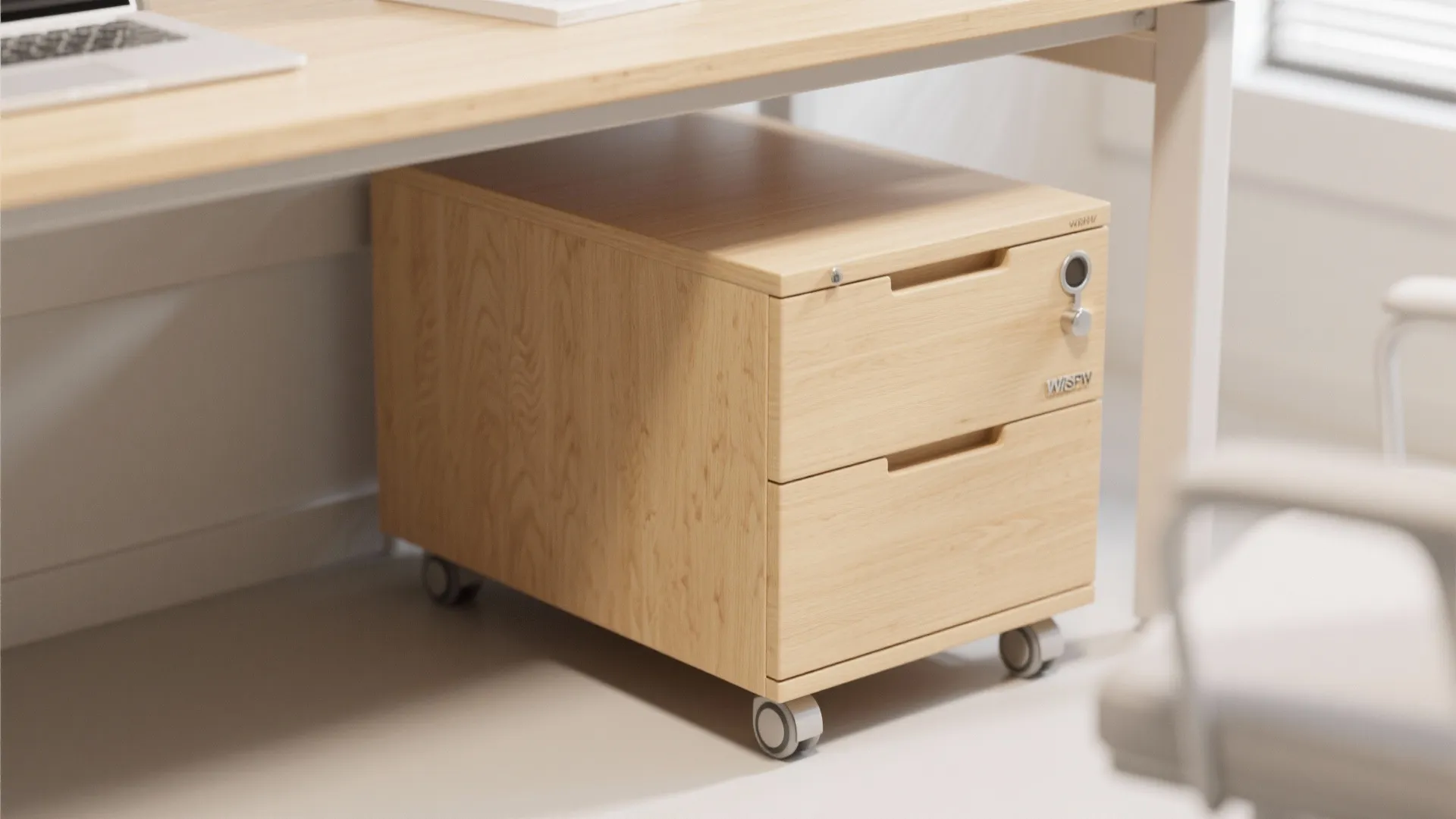 Wooden small cabinet with two drawers and wheels placed under a light colored office desk