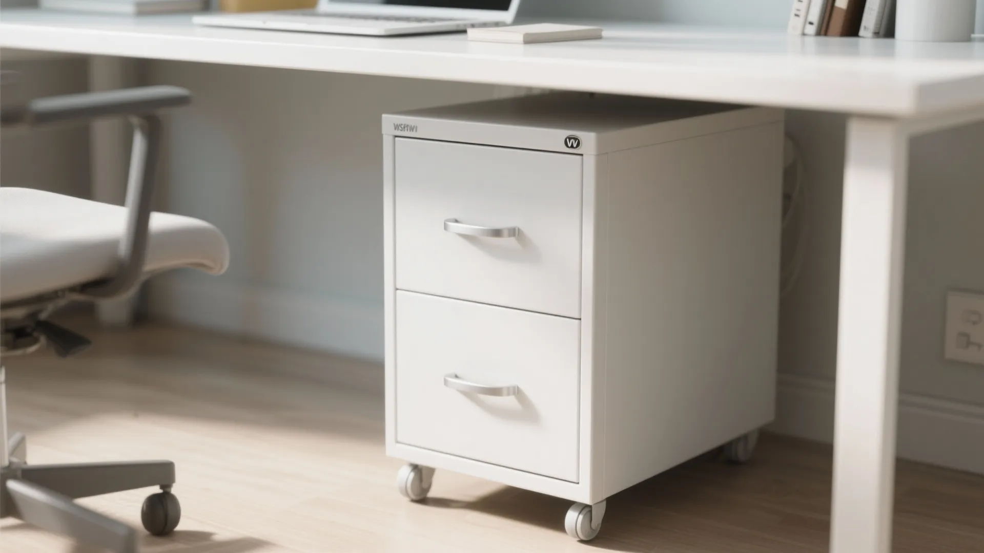 White metal mobile cabinet with two drawers on wheels placed under a white office desk