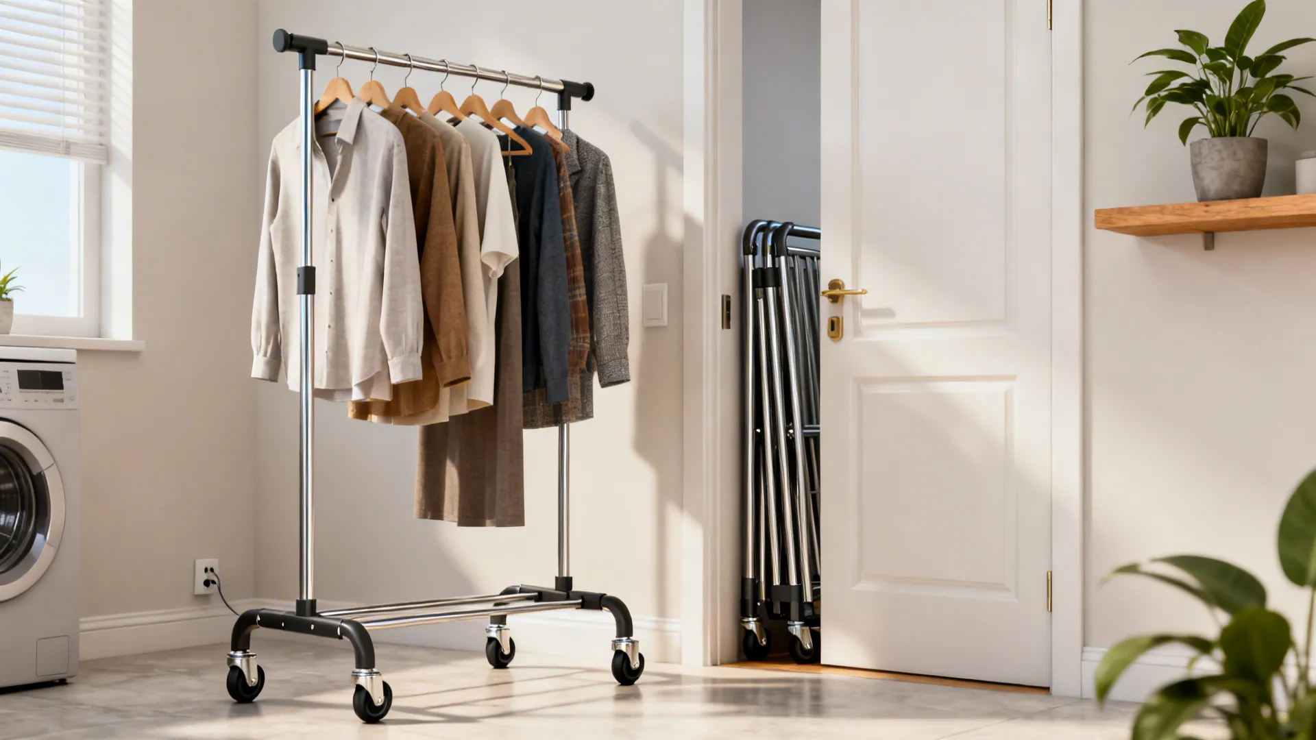 Collapsible rolling garment rack near a laundry doorway, shown both in use and folded for storage.