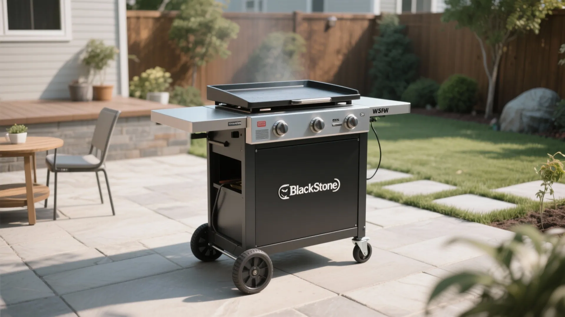 Portable black cooking cart with wheels and side shelves placed on a stone patio backyard