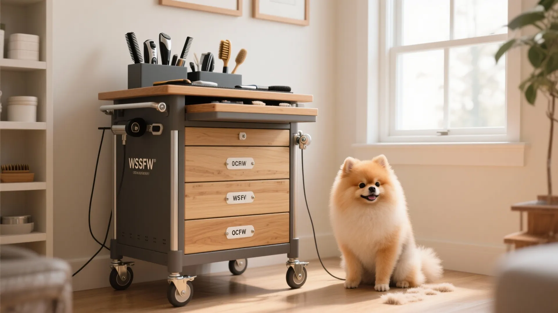 2. Rolling grooming cart with attachable top