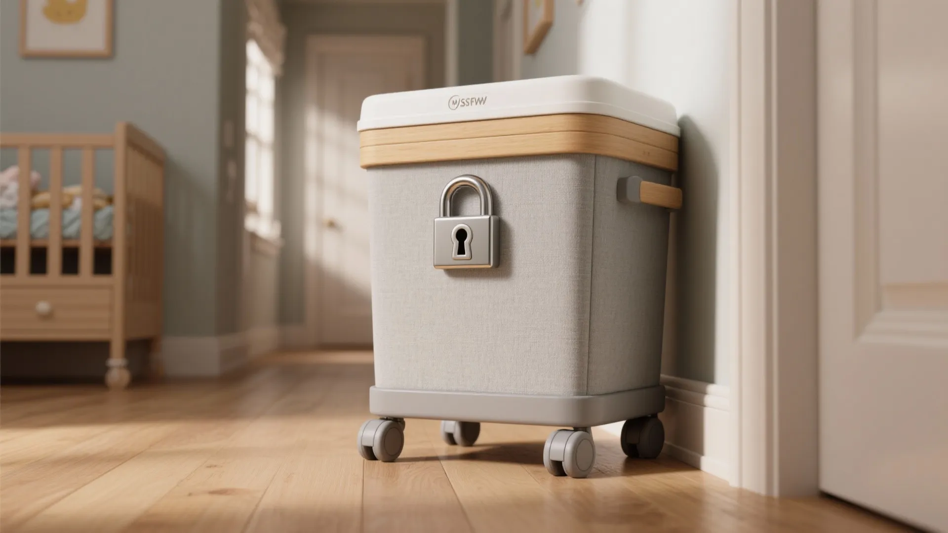 Grey rolling laundry hamper with wood lid and silver padlock standing on a wooden floor