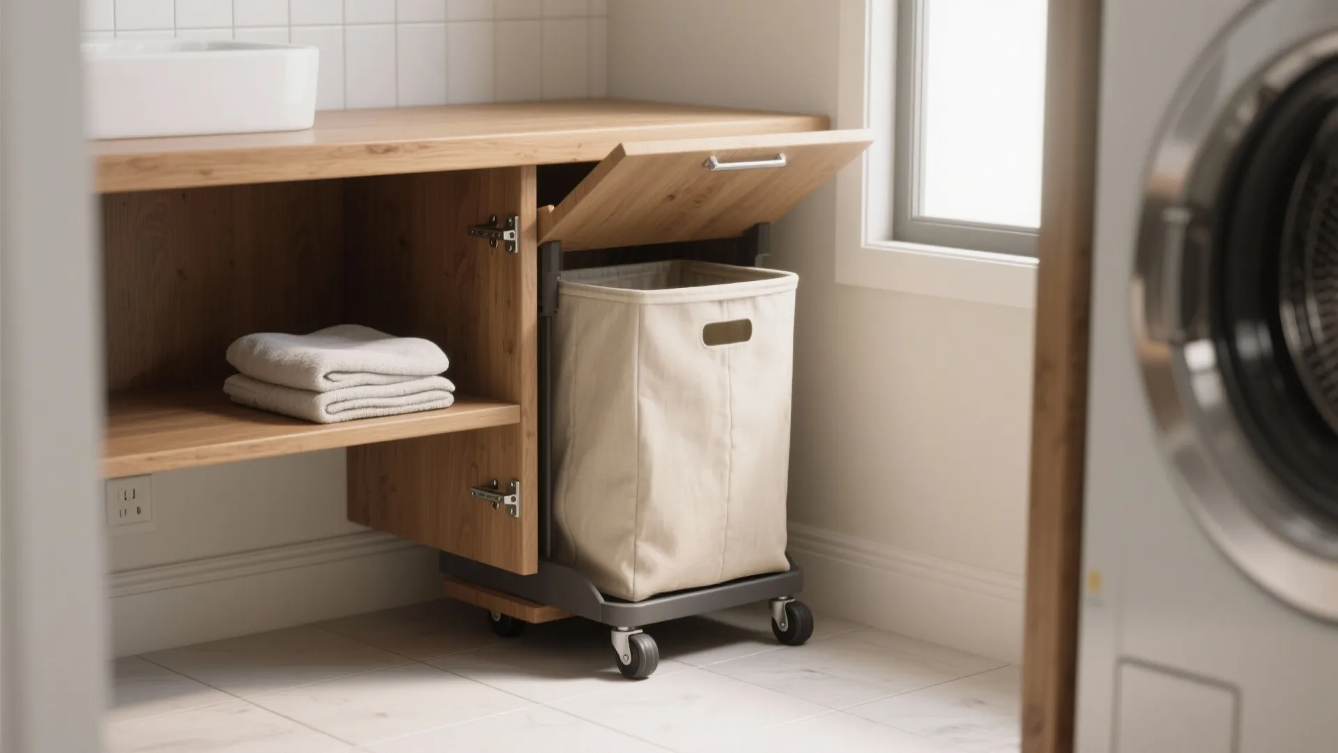 Wooden cabinet with open shelf showing a beige laundry basket on wheels and folded towels
