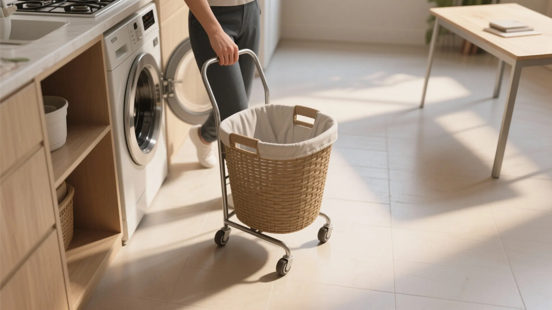 A person pushing a woven laundry basket on wheels across a bright modern laundry room