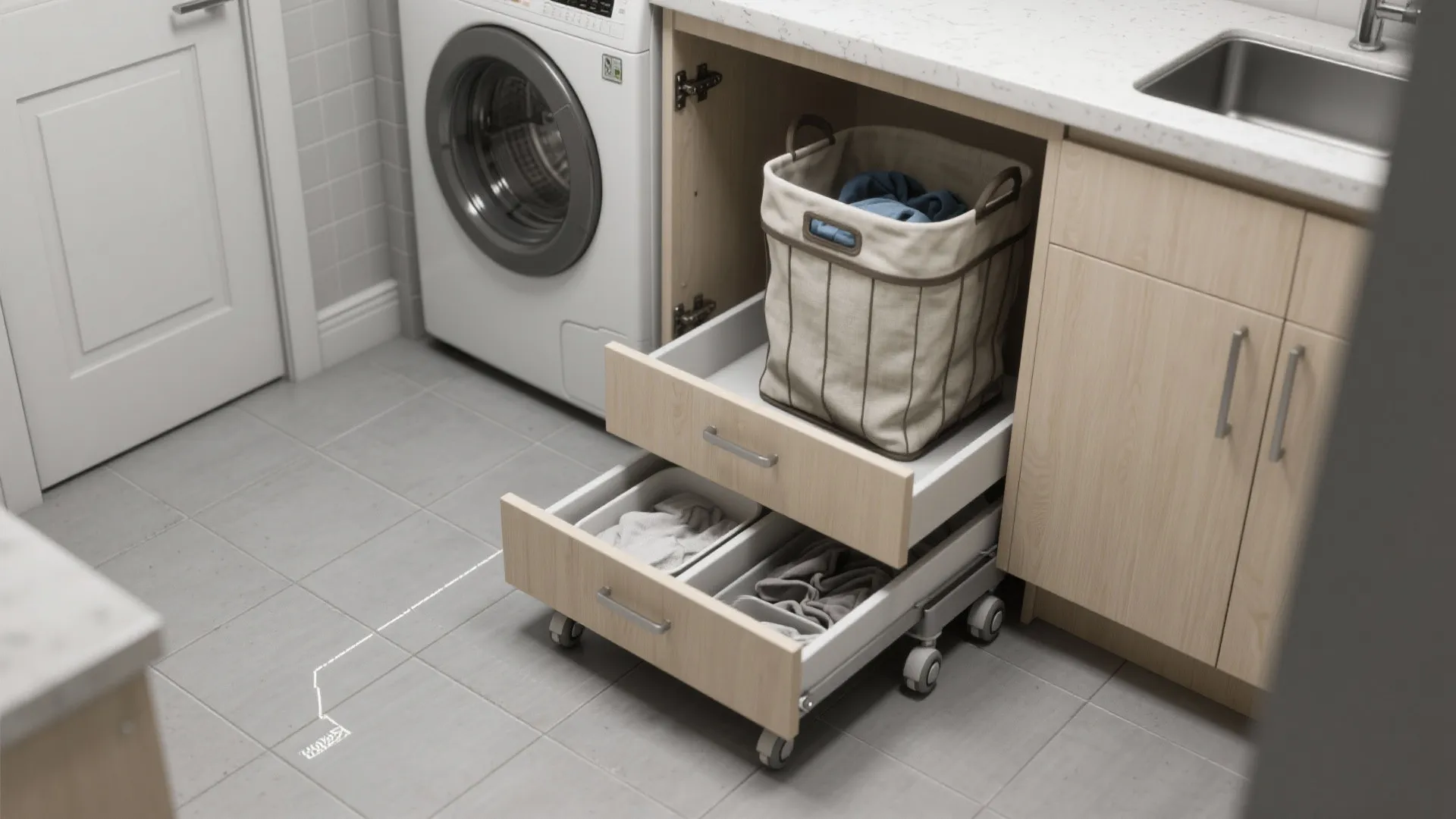 3. Rolling hampers and under-counter trays