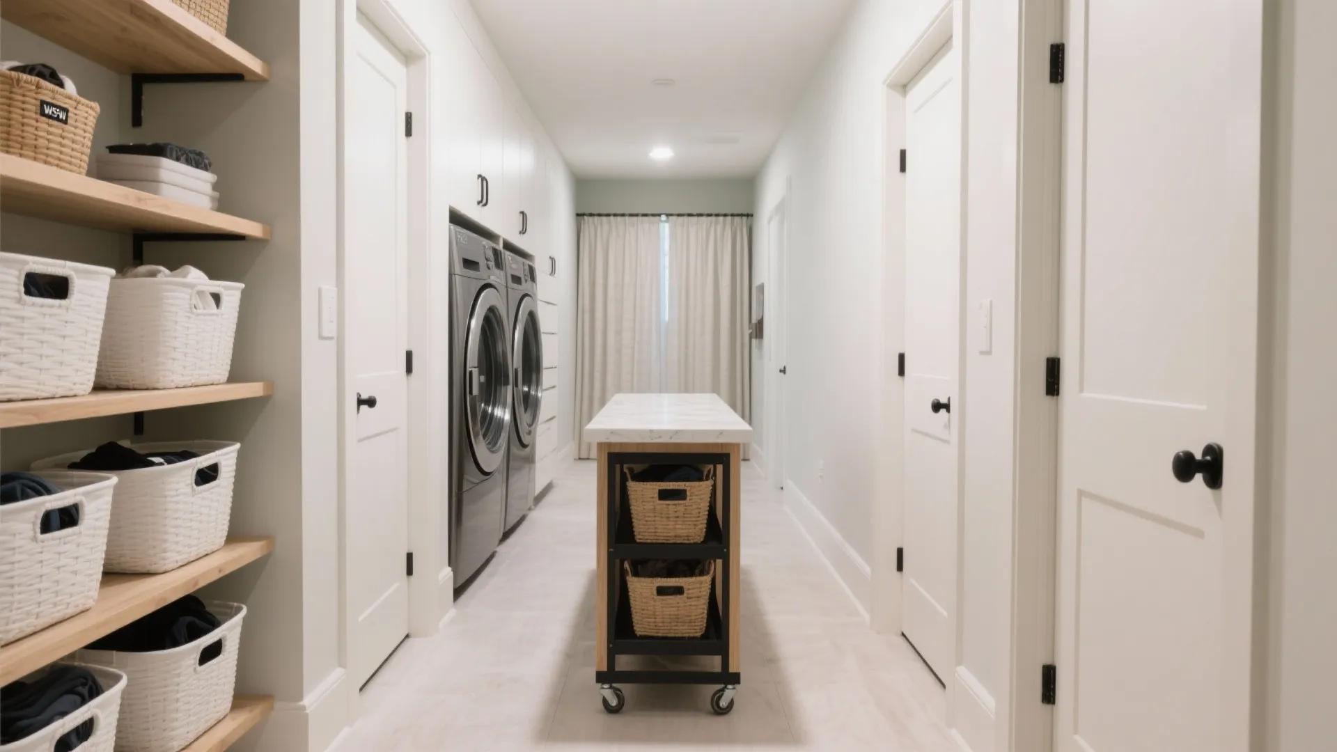 White laundry room with wooden shelves and a rolling kitchen island holding baskets for storage