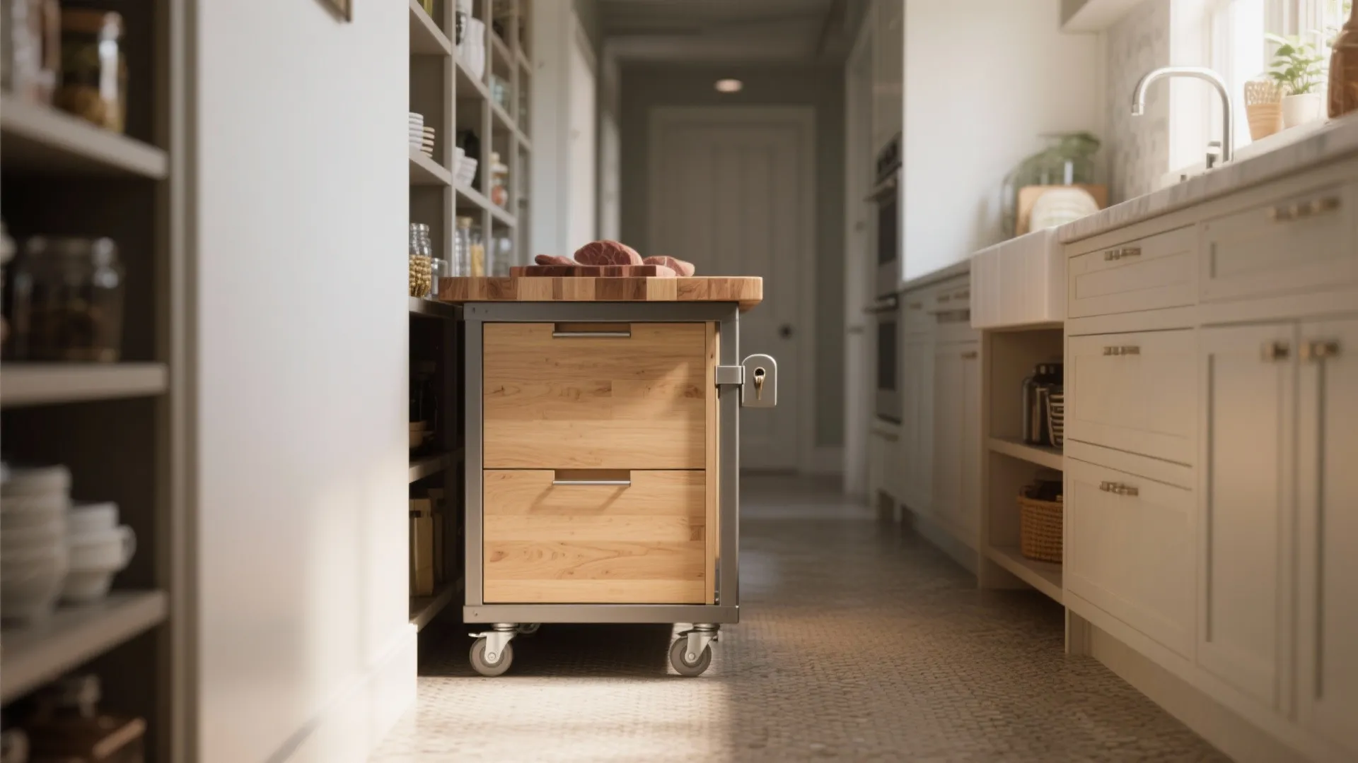 5. Flexible Shelving with Rolling Islands