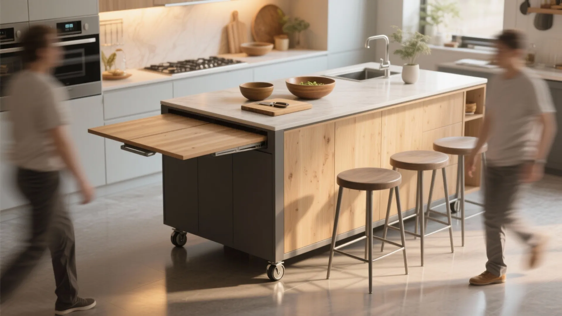 Modern kitchen island with wheels featuring an extendable wooden table top and three bar stools