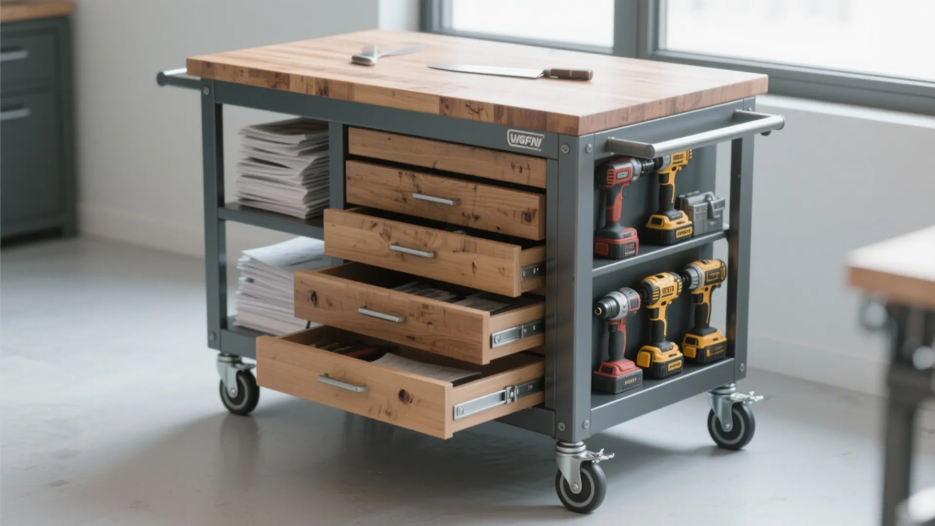4) Rolling island with drawers