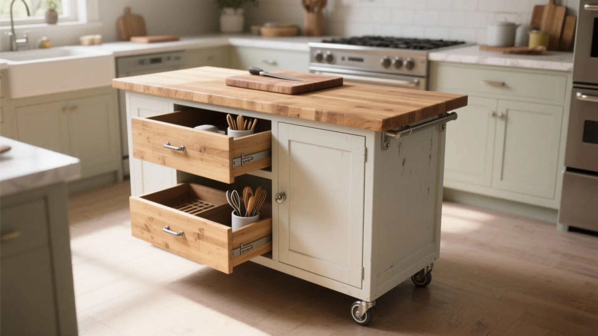 2. Rolling island table with locking casters and built-in drawers