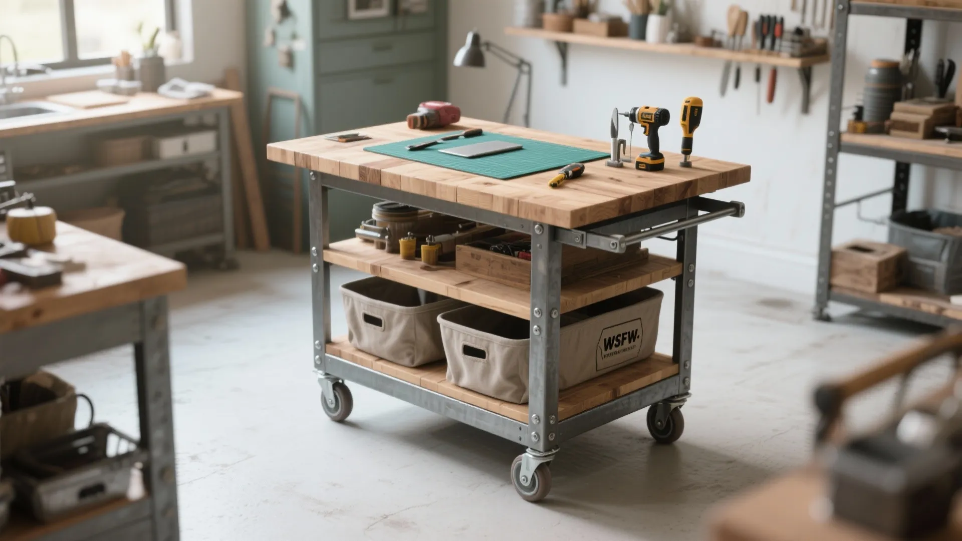 Modular rolling island with butcher-block top and locking casters used as a mobile craft workspace.