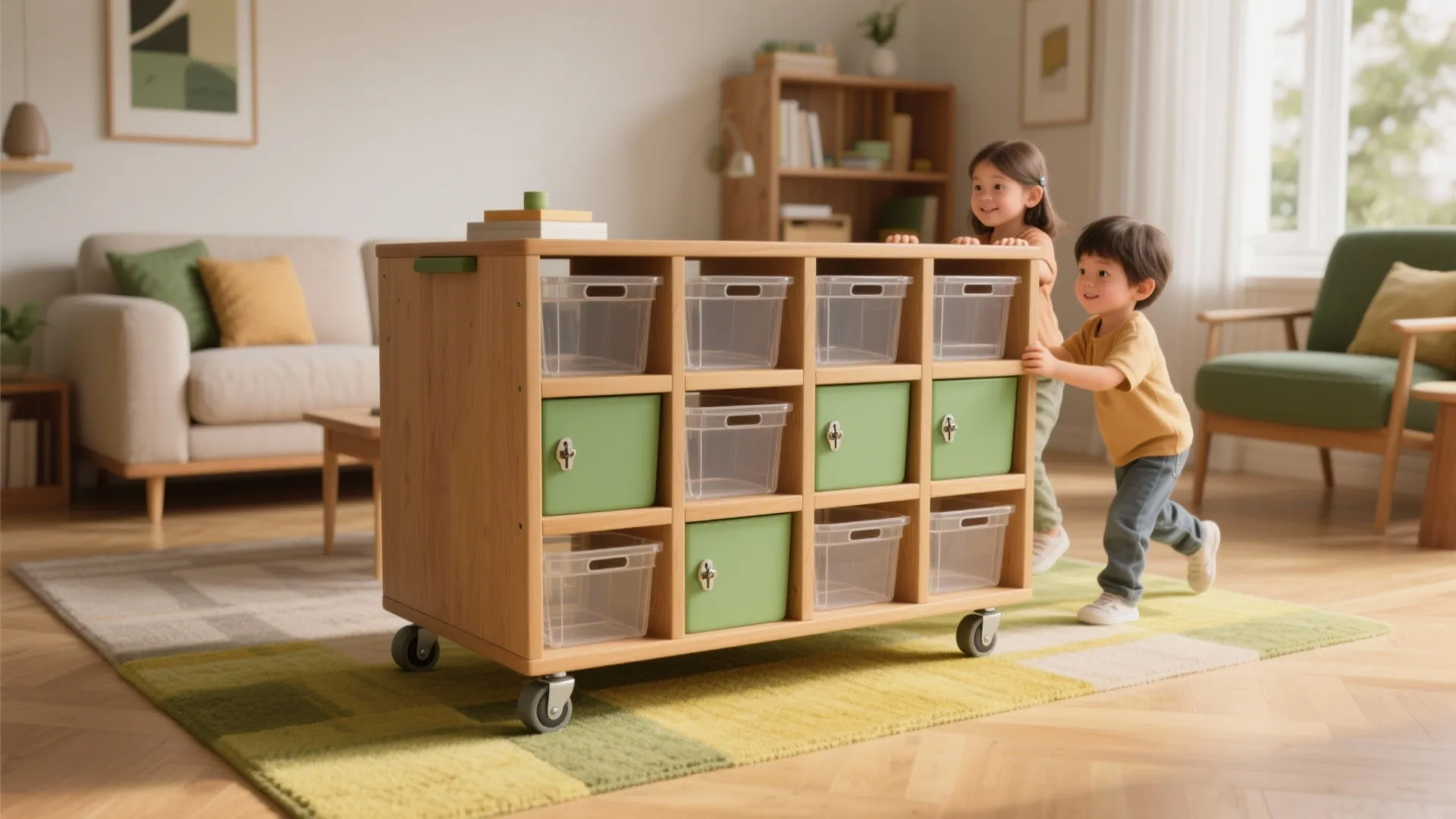 Two young children pushing a wooden storage cabinet with wheels across a bright modern room