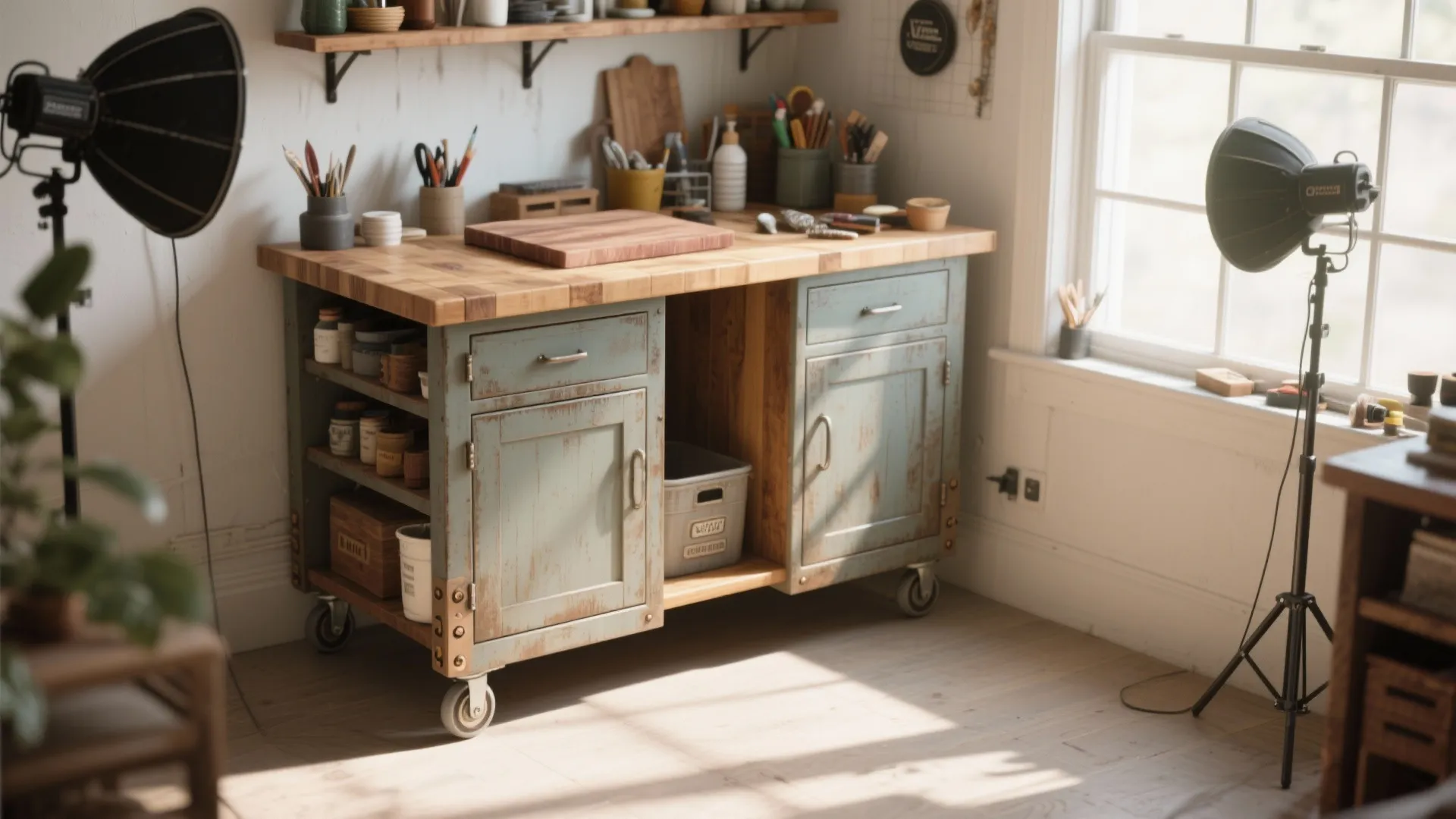 Vintage style light blue rolling kitchen island with wooden countertop and storage drawers on wheels
