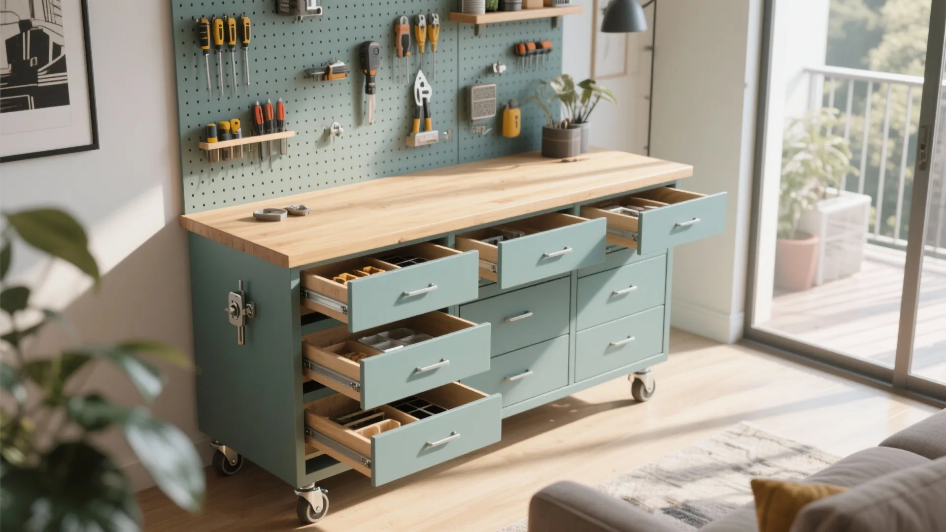 2. Rolling island with divided drawers and pegboard back