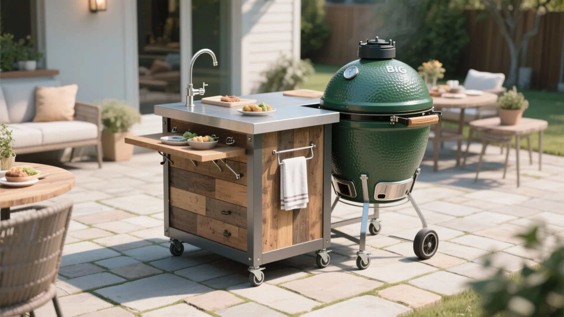 Outdoor rolling kitchen island with metal top and green egg grill on a stone patio