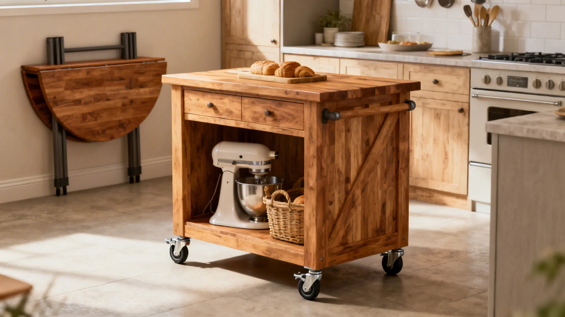Butcher-block rolling island with storage and a folded wall-mounted table in a small kitchen.