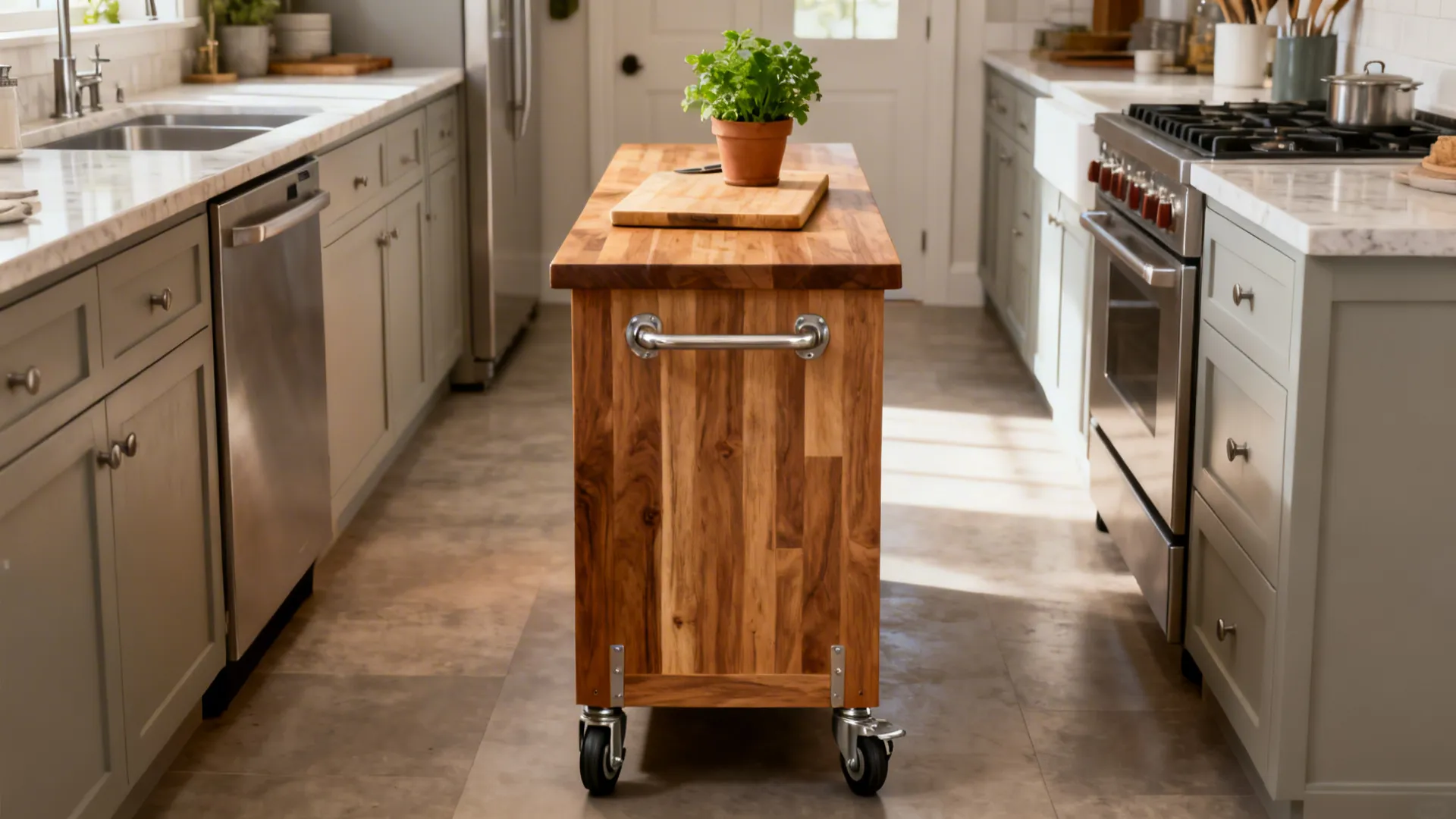 Narrow butcher-block rolling island with lockable casters in a galley kitchen with clear aisle space.
