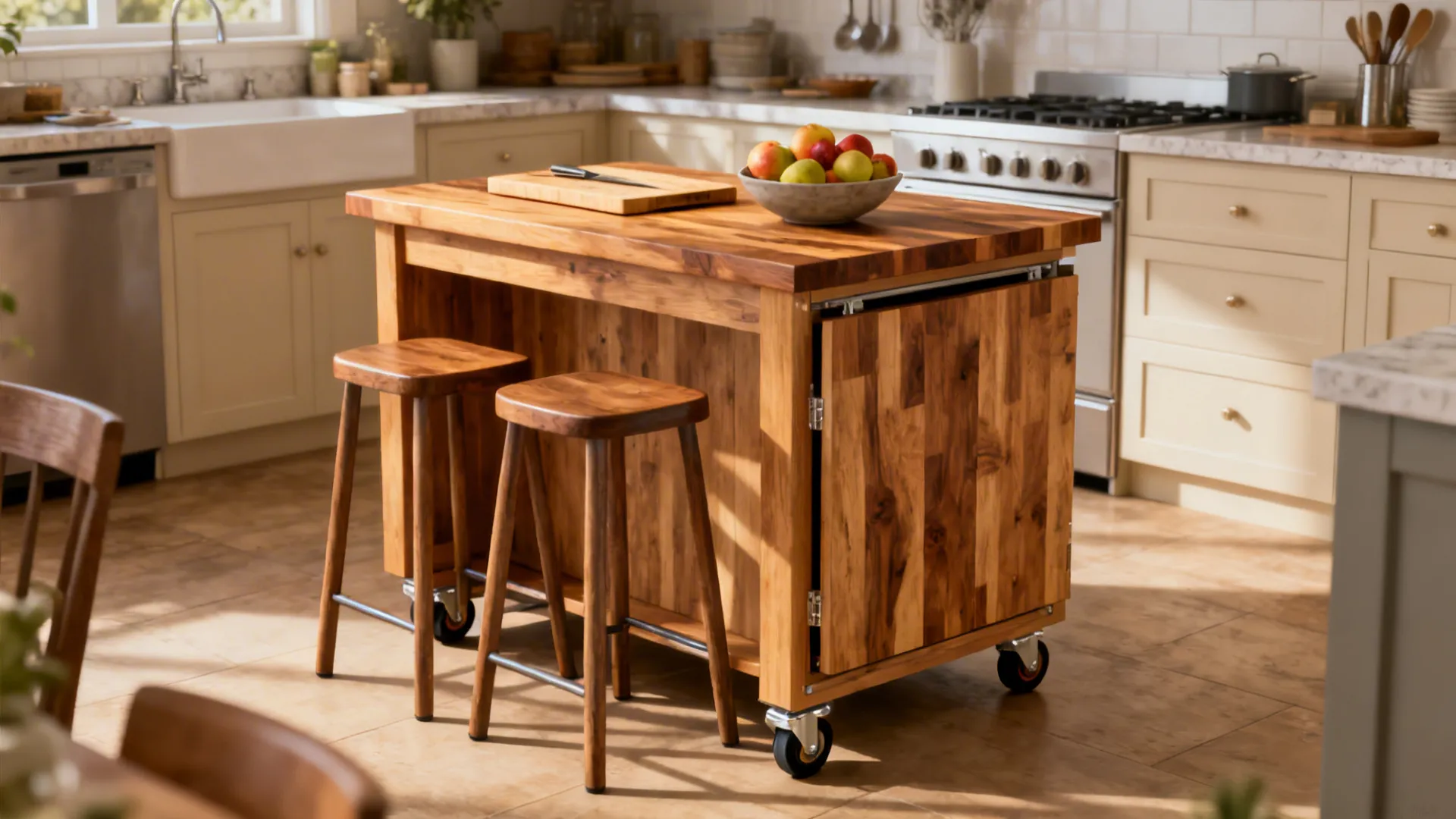 Wooden kitchen island on wheels with two matching stools and a fruit bowl on top