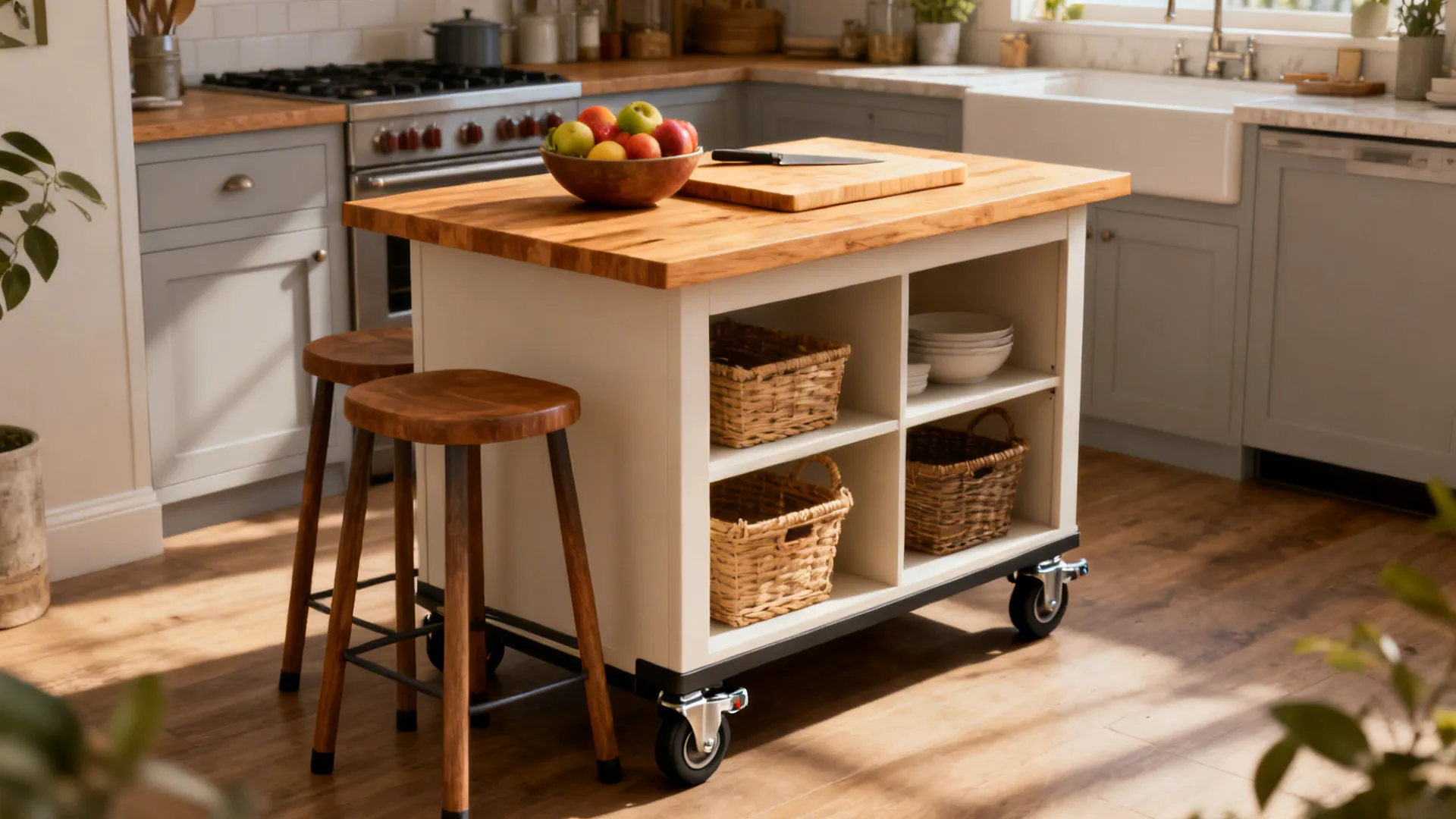 Compact rolling kitchen island with butcher-top and stools in a small kitchen, demonstrating mobility and storage.