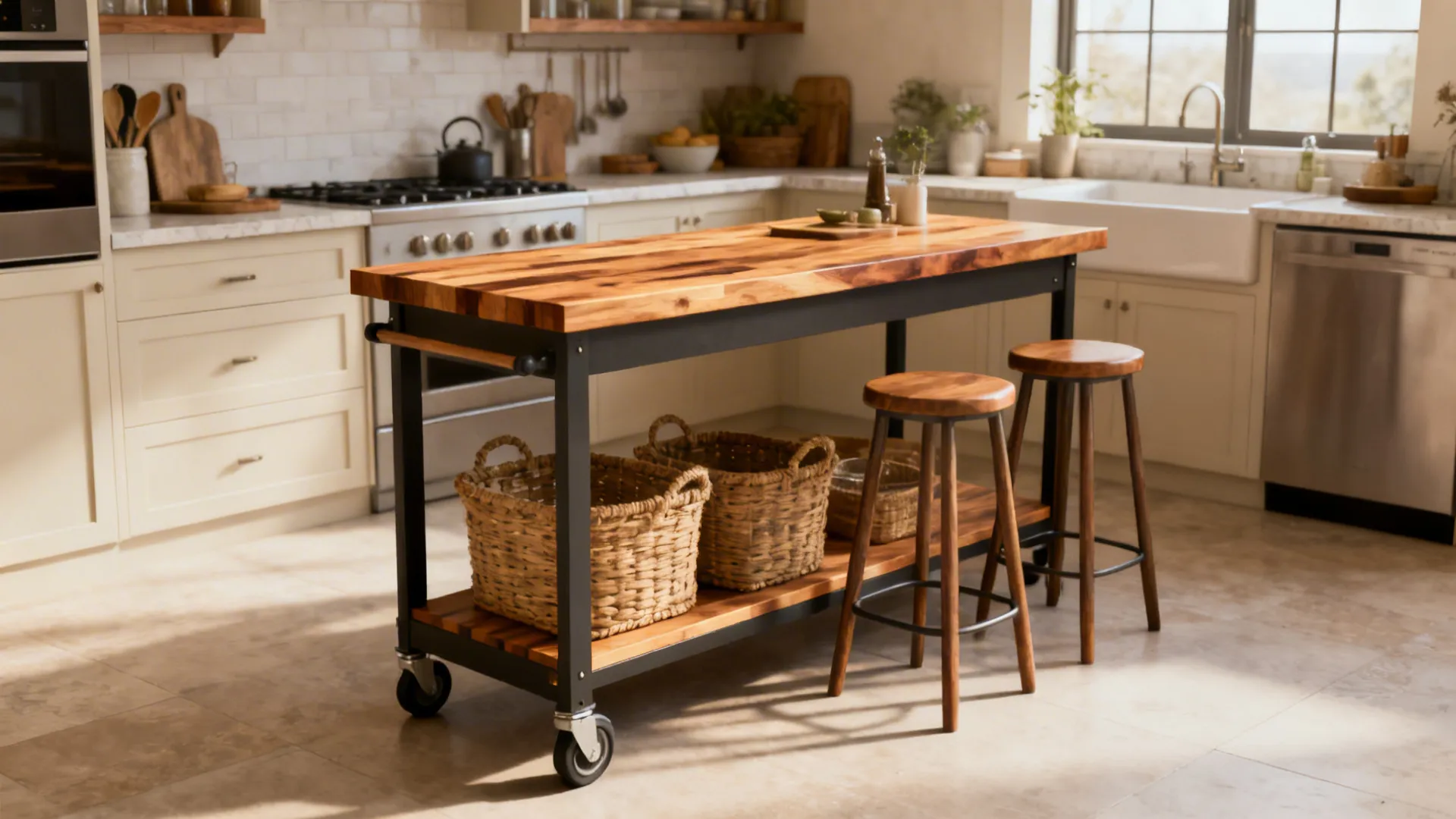Narrow rolling island with butcher-block top and stools providing flexible prep and seating.