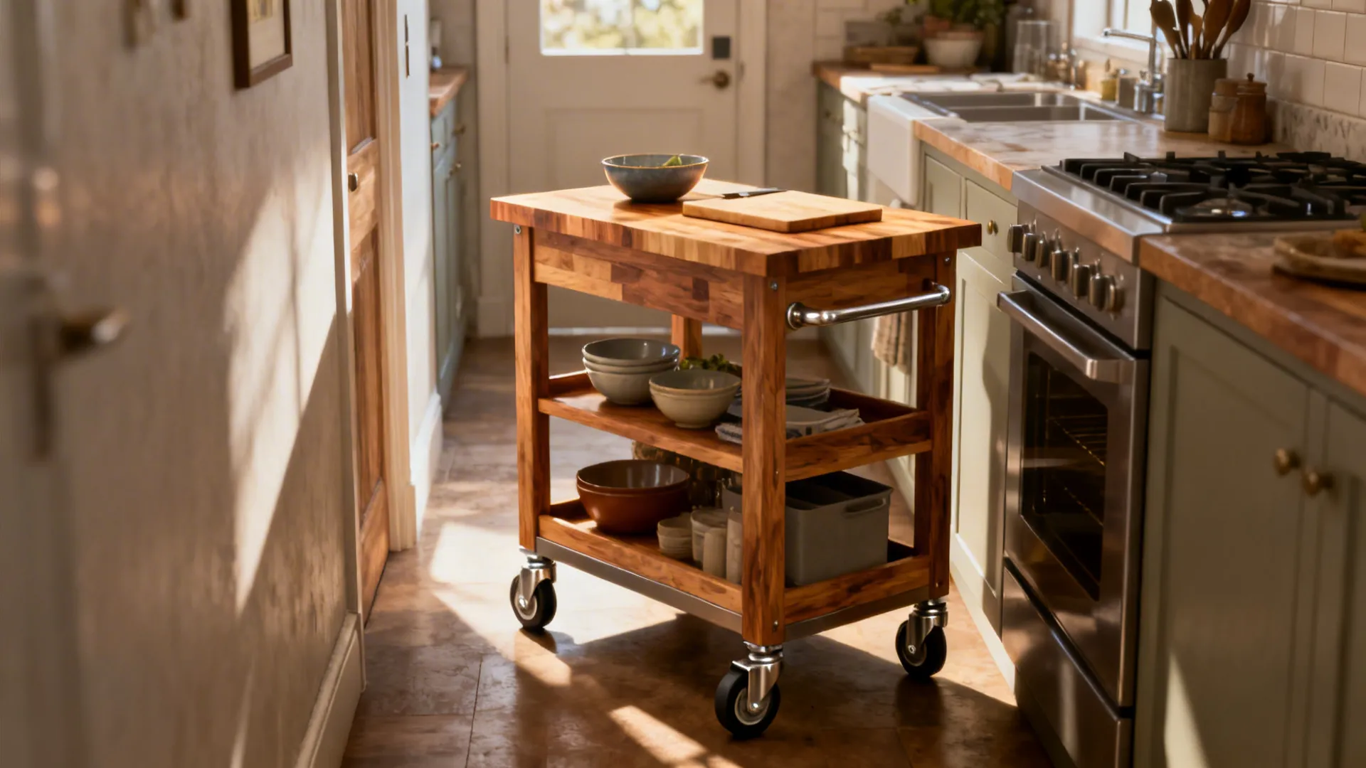 Small rolling kitchen island with butcher-block top and storage, shown tucked to the side