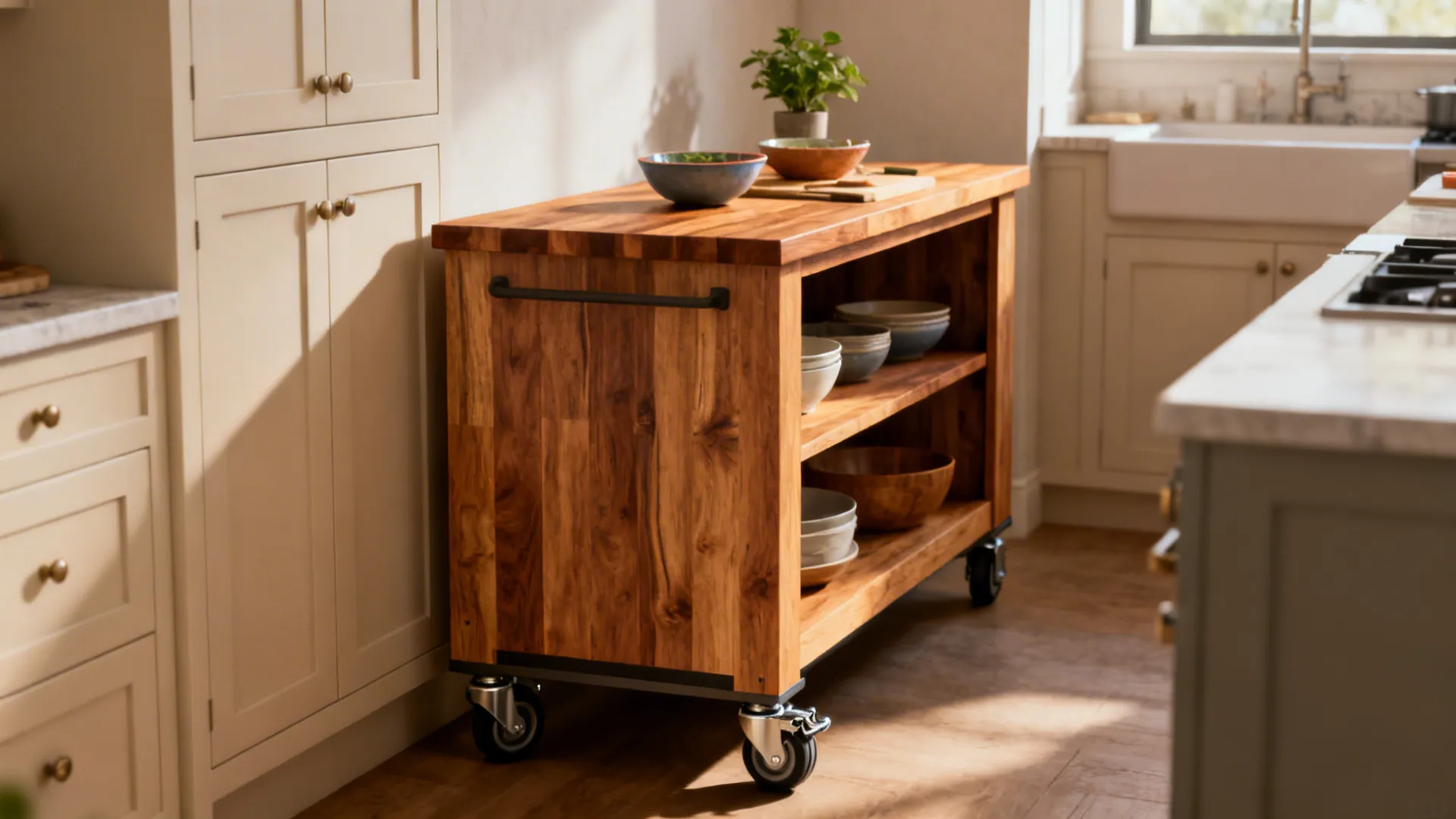 Narrow rolling island with butcher-block top and storage parked to the side of a compact kitchen.