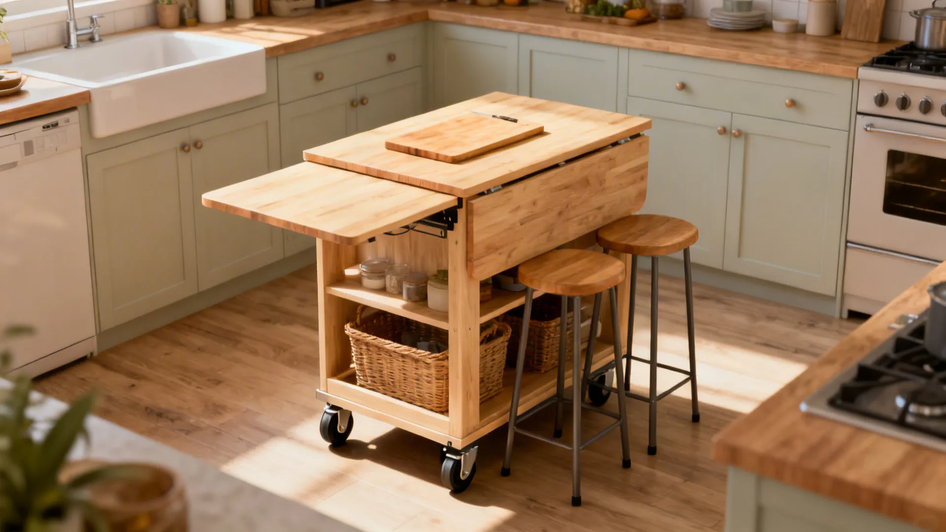 Small rolling island with a drop-leaf counter providing prep space and seating in a compact kitchen