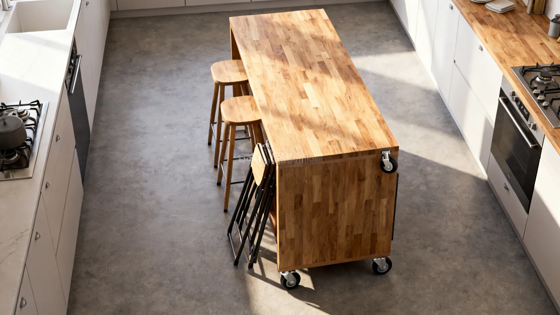 Slim rolling island on casters in a galley kitchen moved to the side to free walkway.