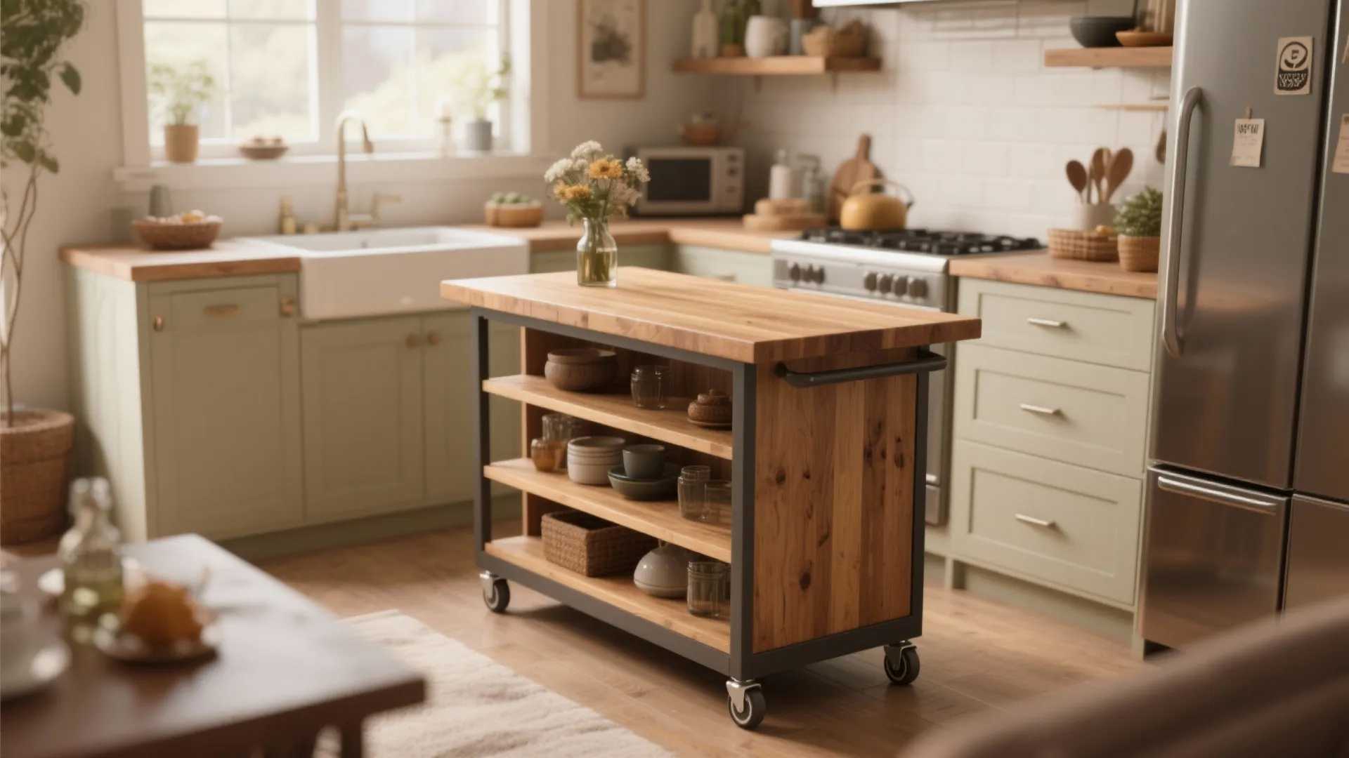 Wooden rolling kitchen island with shelves on wheels standing in a bright green cabinet kitchen