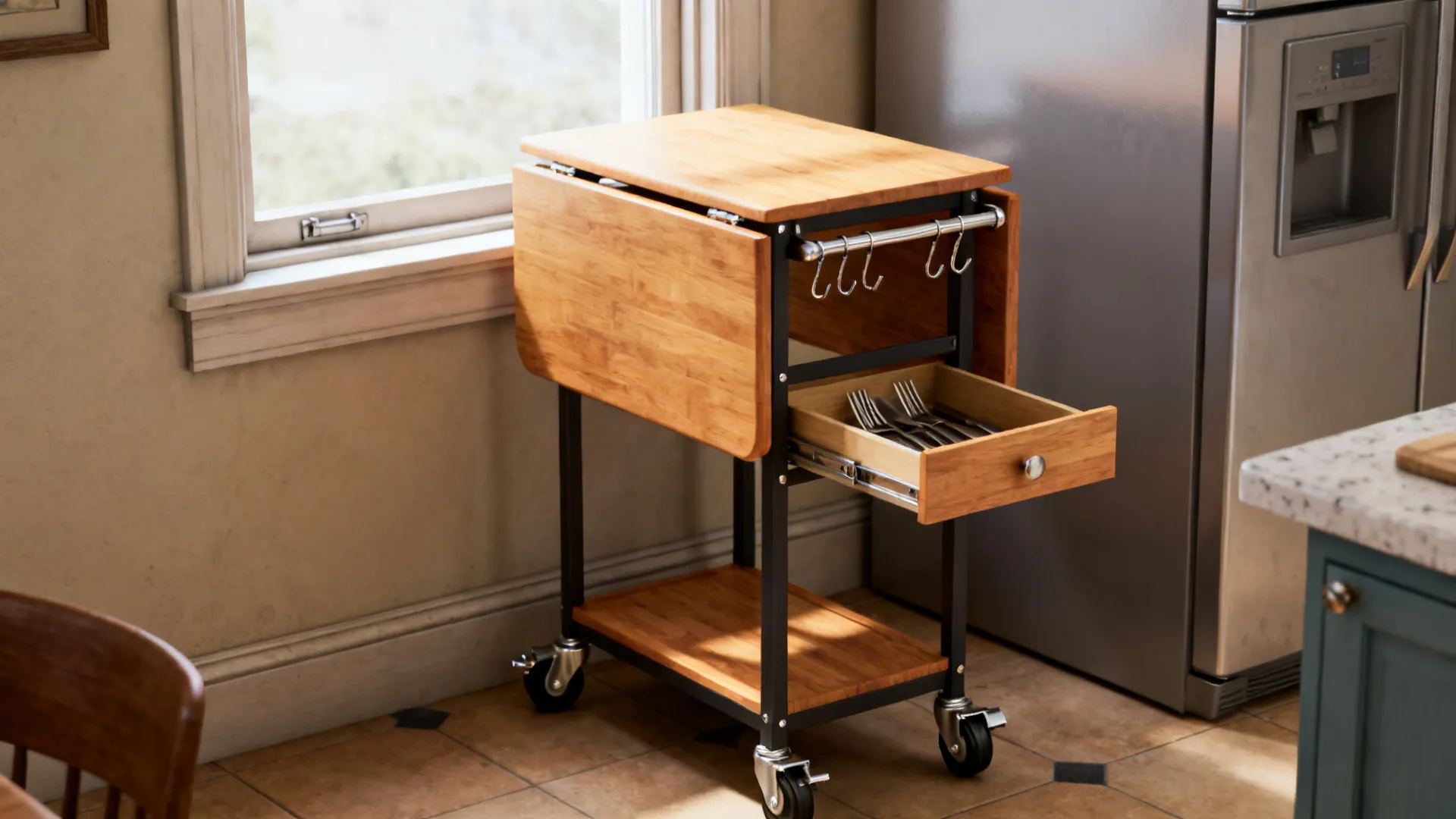 Slim rolling island cart with drop-leaf and locking casters serving as a dining table.