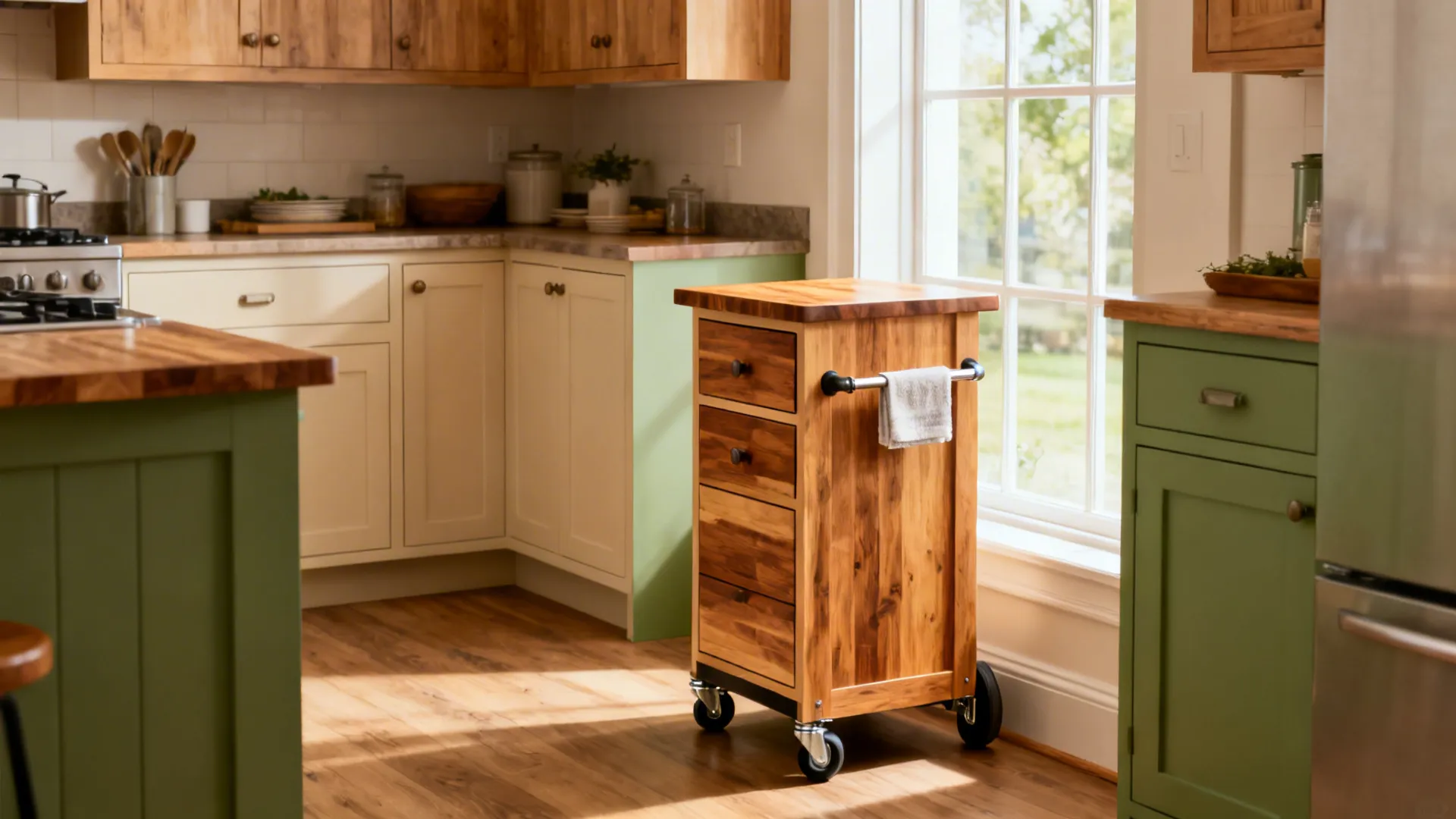 Slim rolling island with butcher-block top and locking casters in a tiny kitchen.