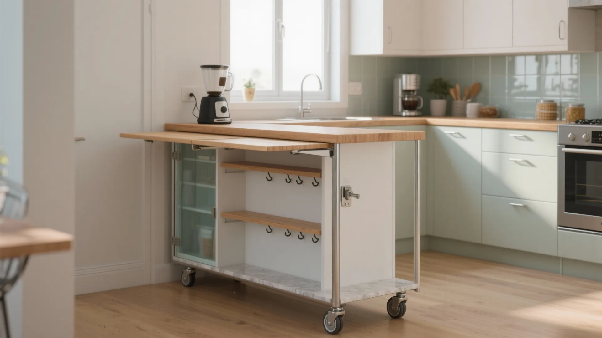 Portable white kitchen island with wheels, wooden top, shelves, and hooks in a bright kitchen