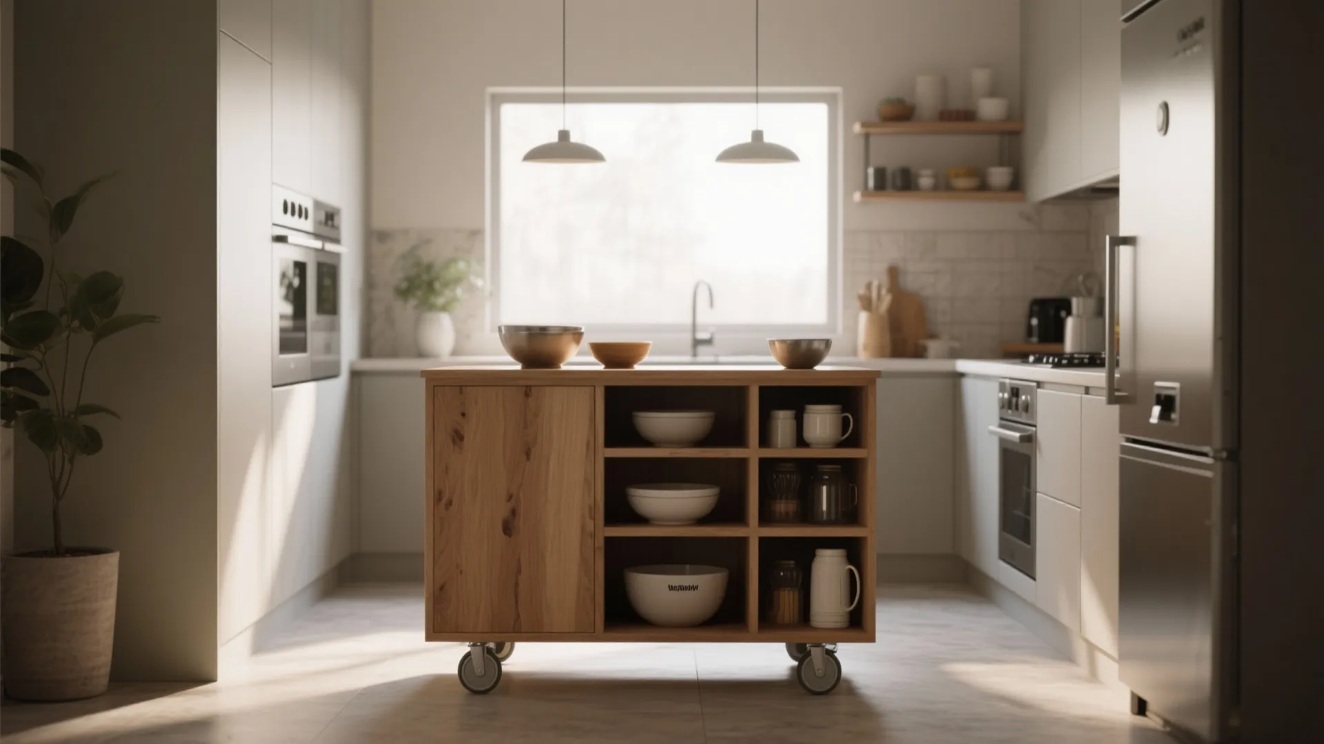 Rolling kitchen island with hidden shelves for storage