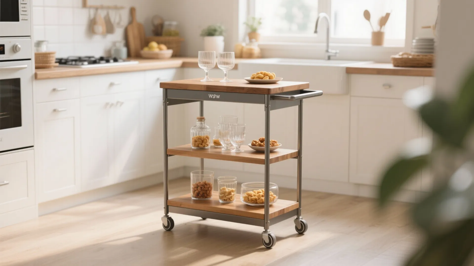 Metal and wood rolling kitchen cart with three shelves holding snacks and glasses in kitchen