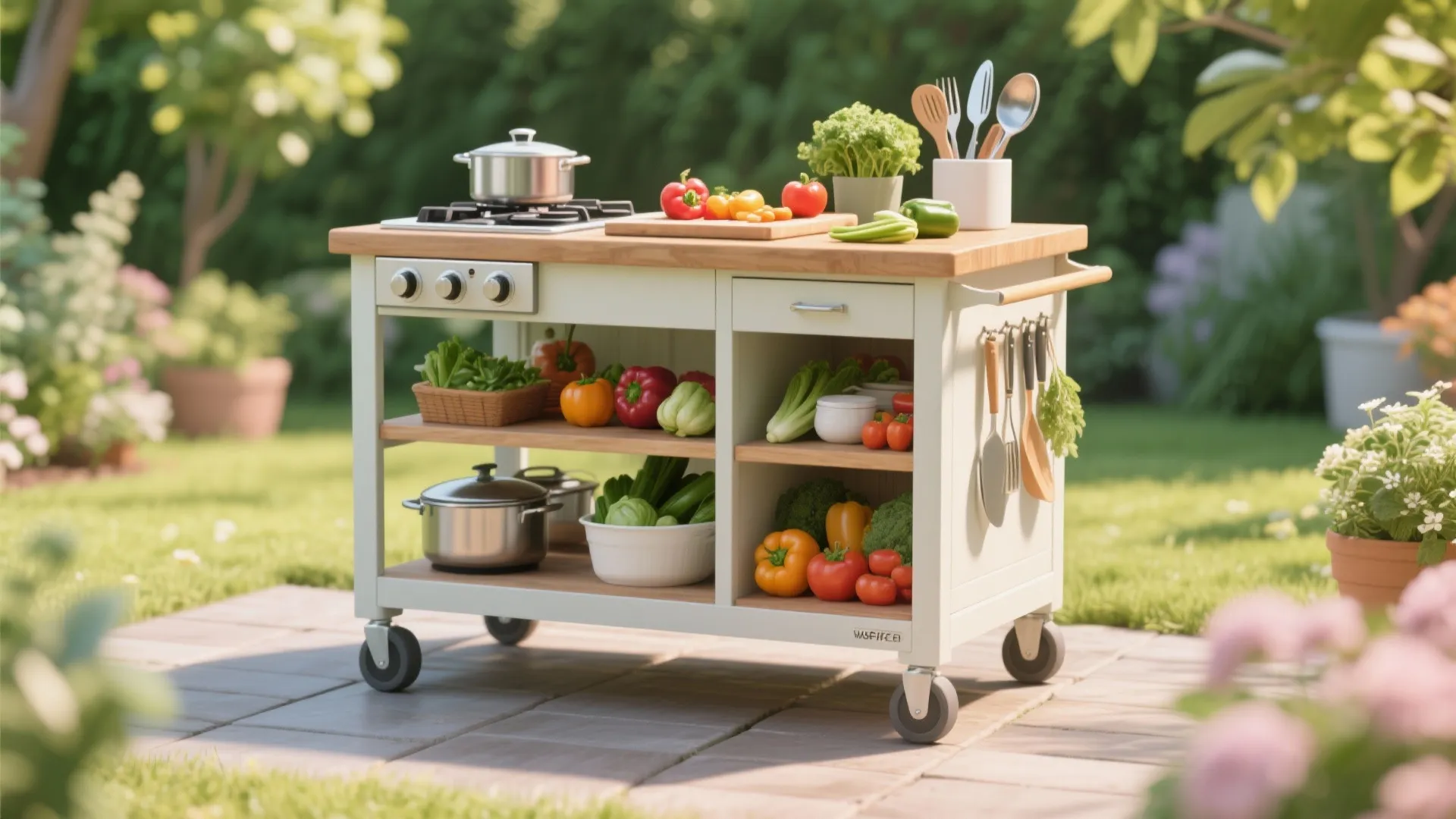 Mobile white kitchen cart with wooden top holding fresh vegetables pots and pans in garden