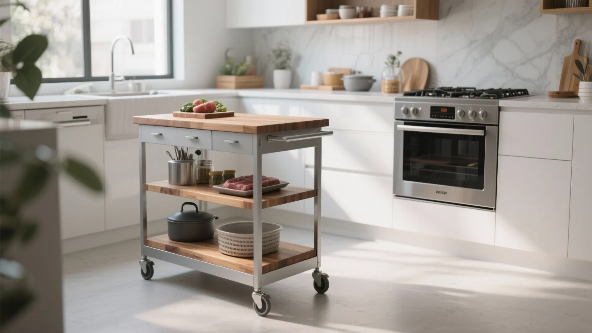Mobile metal kitchen cart with wood top shelves and wheels in a bright white modern kitchen