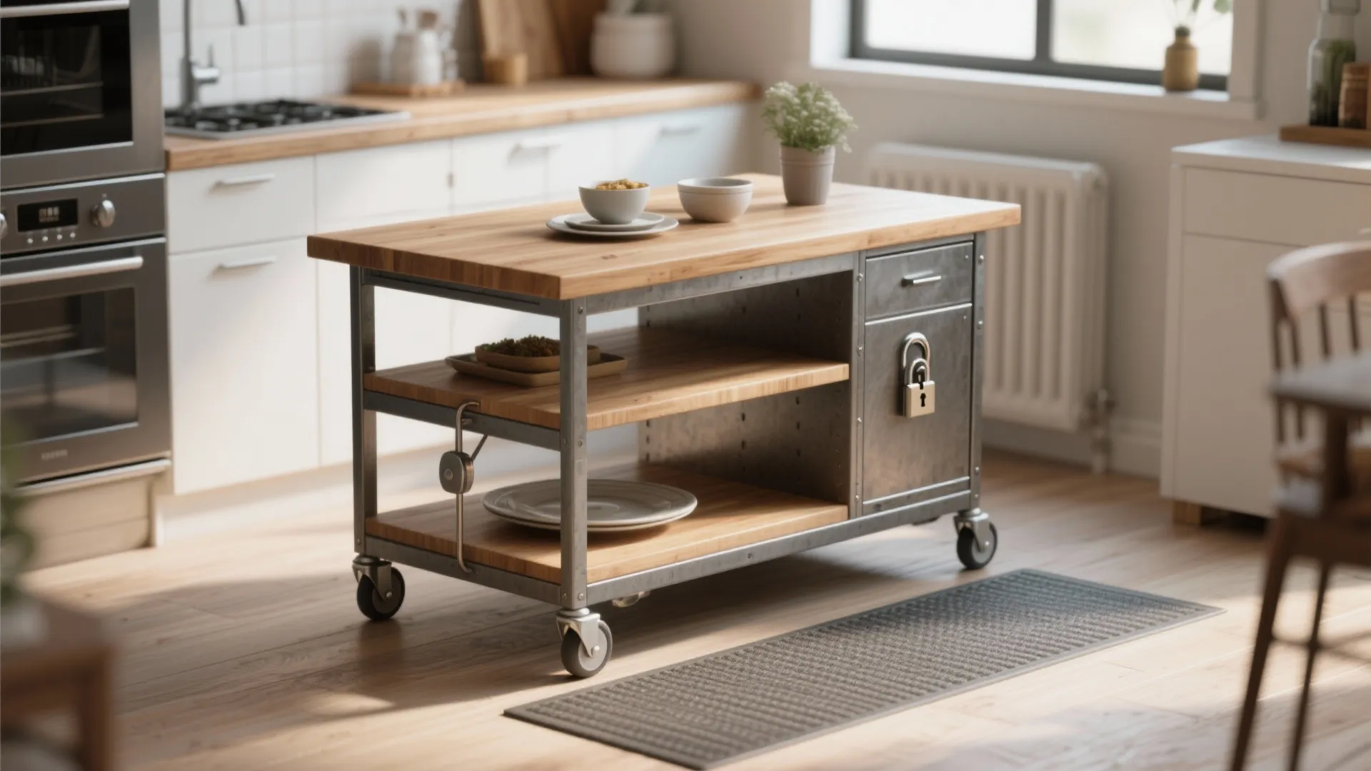 Modern kitchen with rolling wood cart featuring metal frame shelves drawers bowls and bright window
