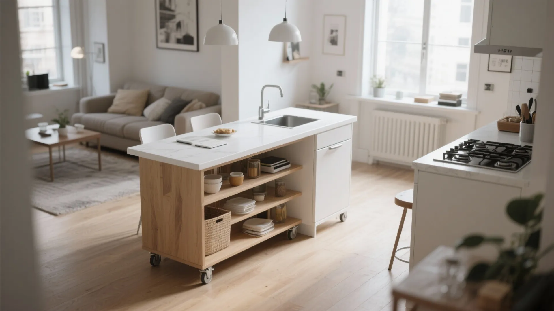 White kitchen island on wheels with wooden shelves containing bowls and baskets in open space