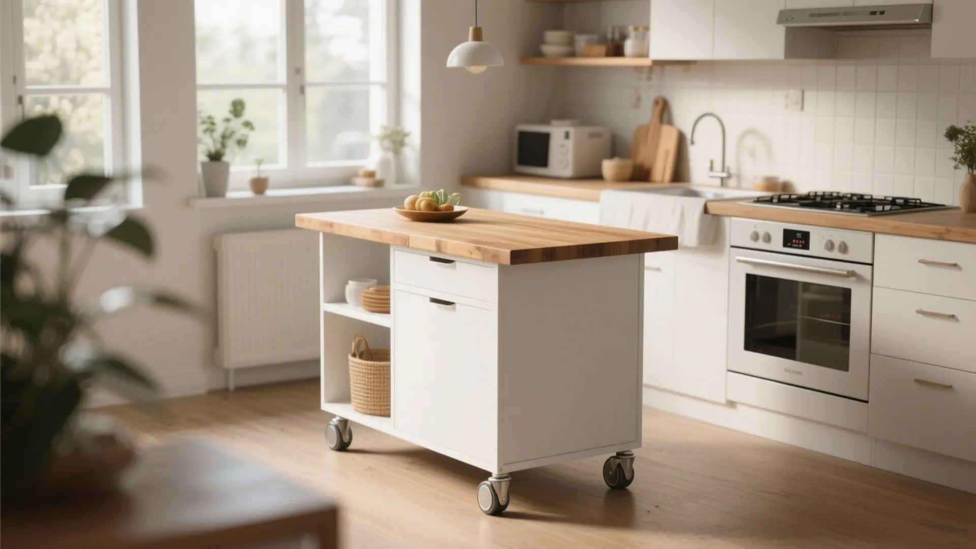 White rolling kitchen island with wood top standing in a sunny room with wood floors