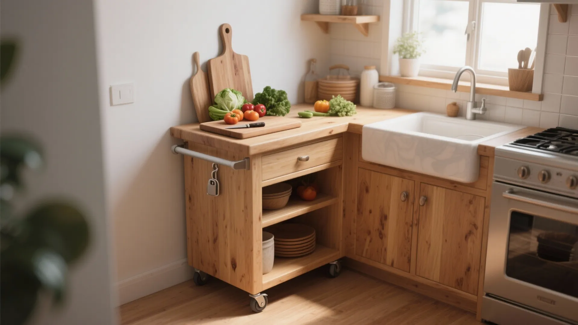 Wooden rolling kitchen island with wheels storage shelves and vegetables on top next to stove