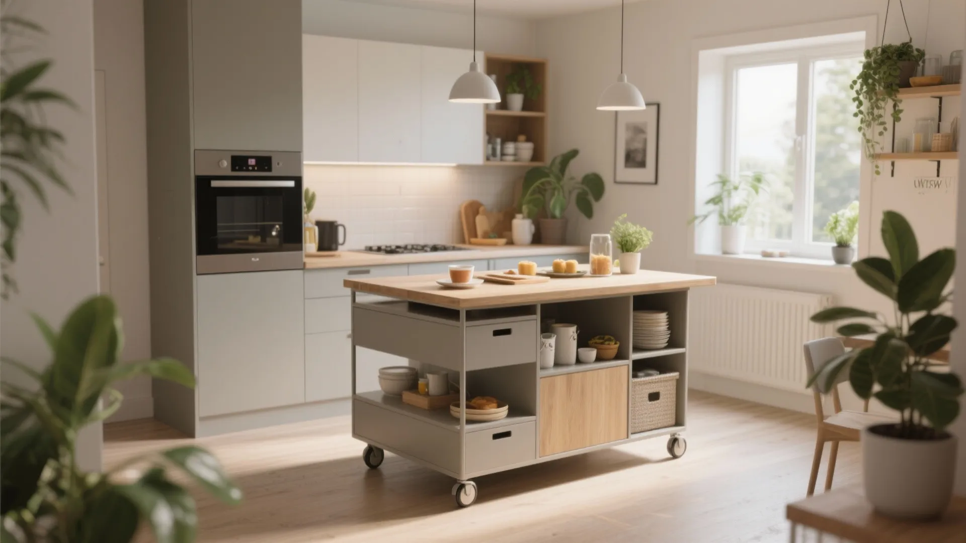 Mobile multi-purpose kitchen island in a compact kitchen